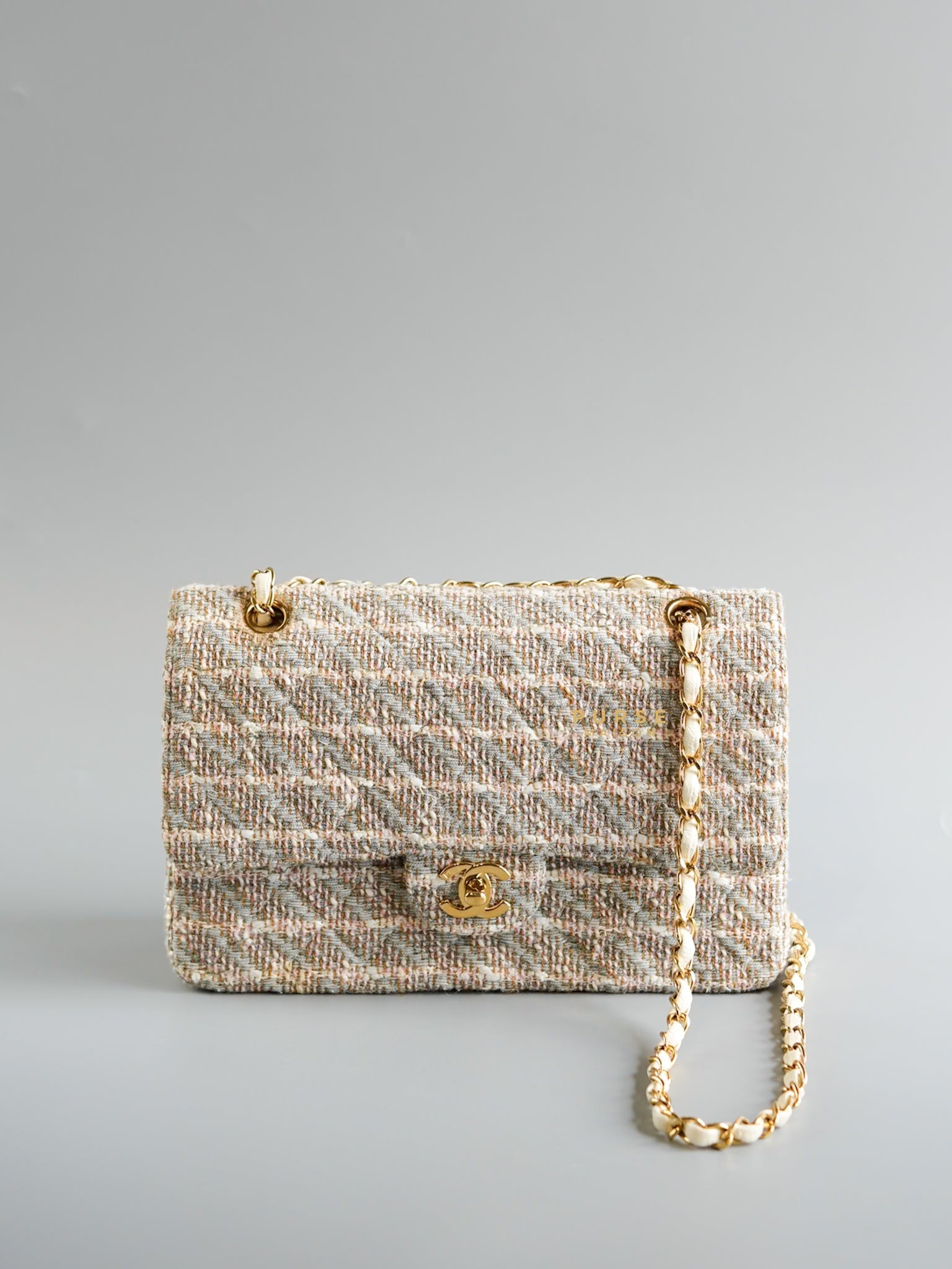 Tweed Quilted Medium Double Flap Beige Multicolor in Gold Hardware Series 8 | Purse Maison Luxury Bags Shop