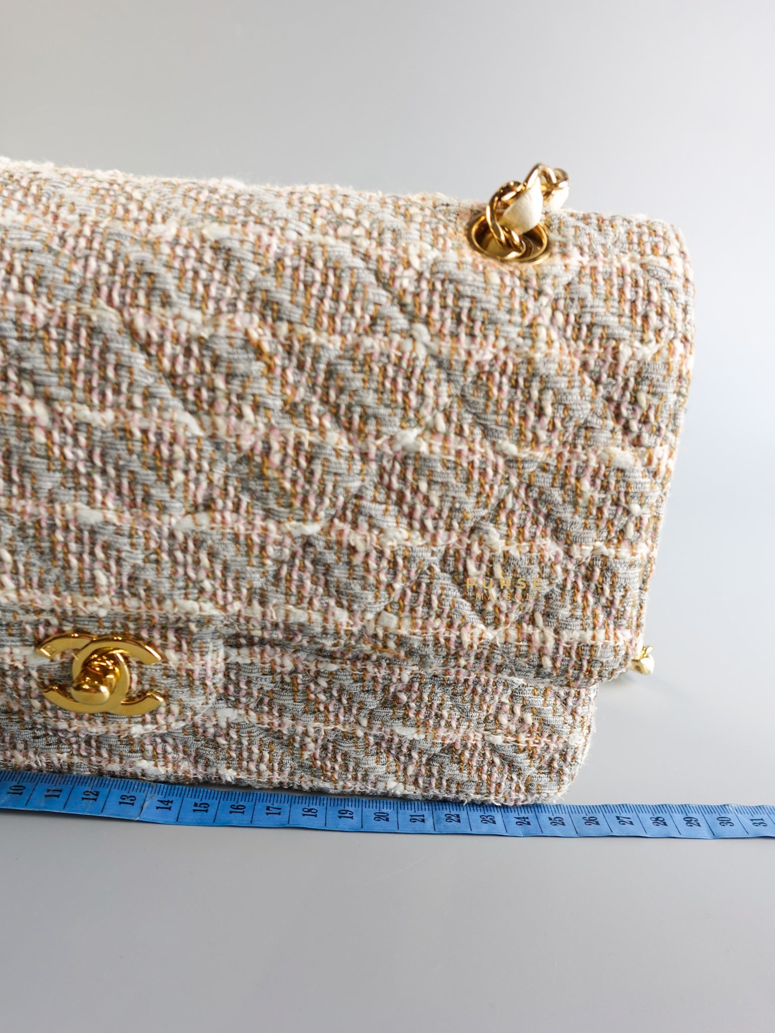 Tweed Quilted Medium Double Flap Beige Multicolor in Gold Hardware Series 8 | Purse Maison Luxury Bags Shop