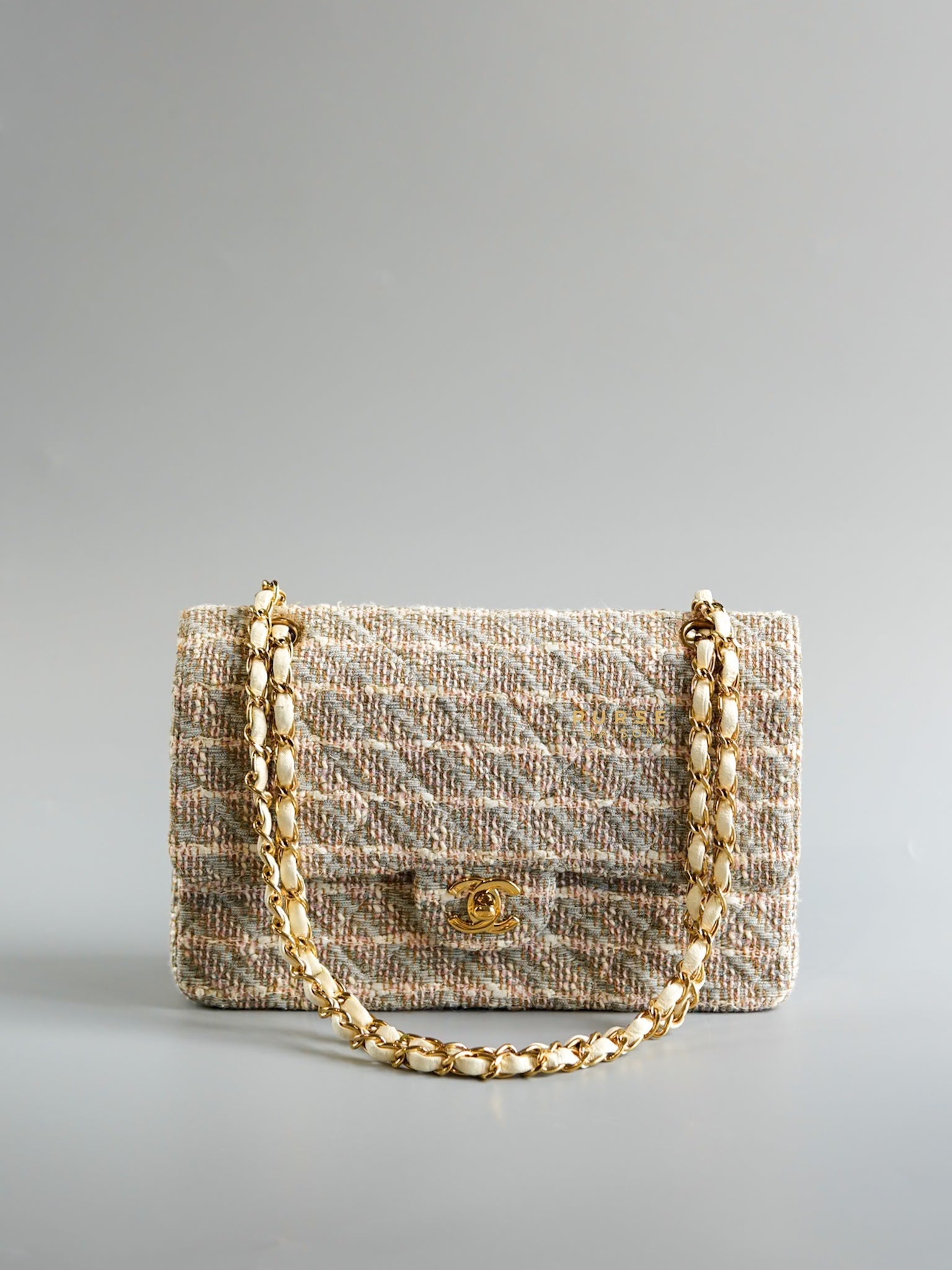 Tweed Quilted Medium Double Flap Beige Multicolor in Gold Hardware Series 8 | Purse Maison Luxury Bags Shop