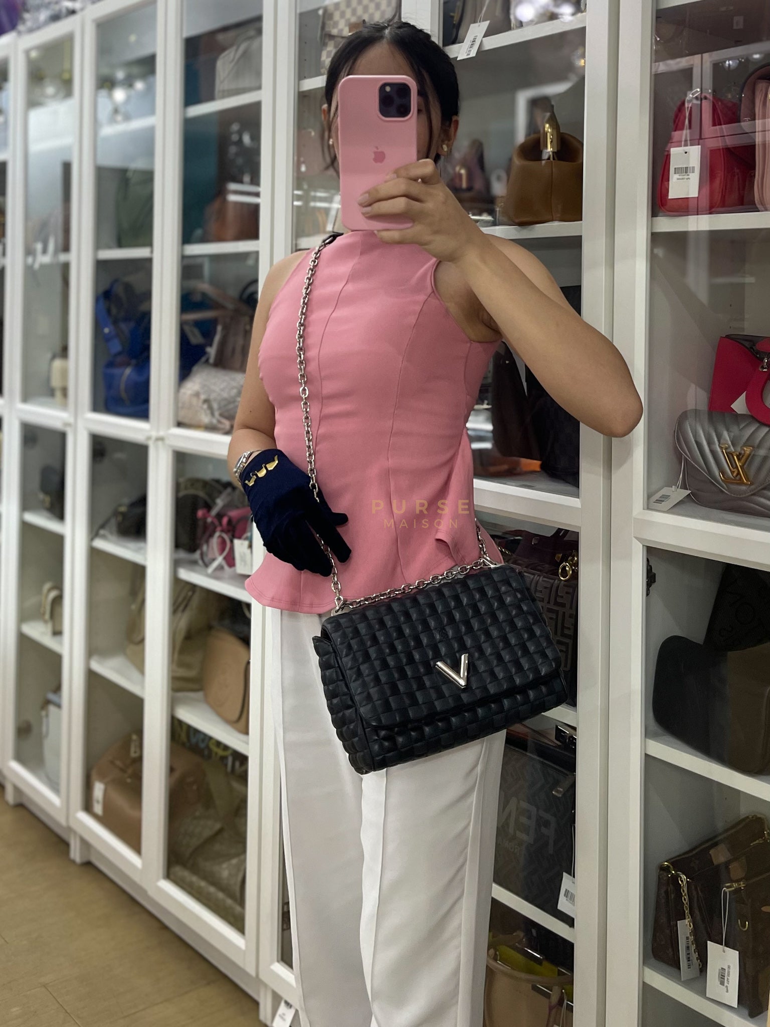 Twist Lock MM in Damier Graphite Calf Leather (Microchipped) | Purse Maison Luxury Bags Shop