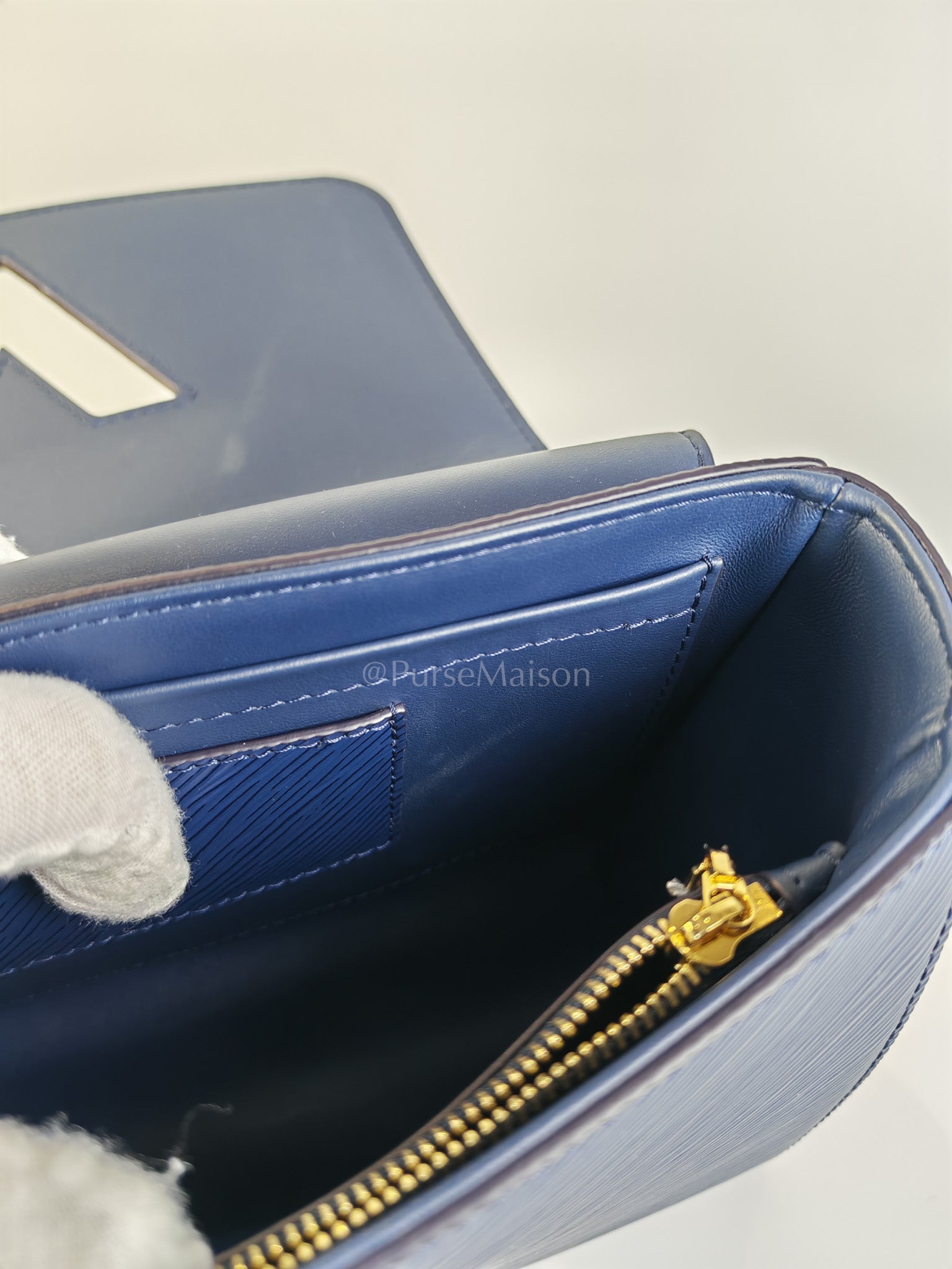 Twist Lock MM in Indigo Epi Leather and Gold Hardware (Microchip) | Purse Maison Luxury Bags Shop