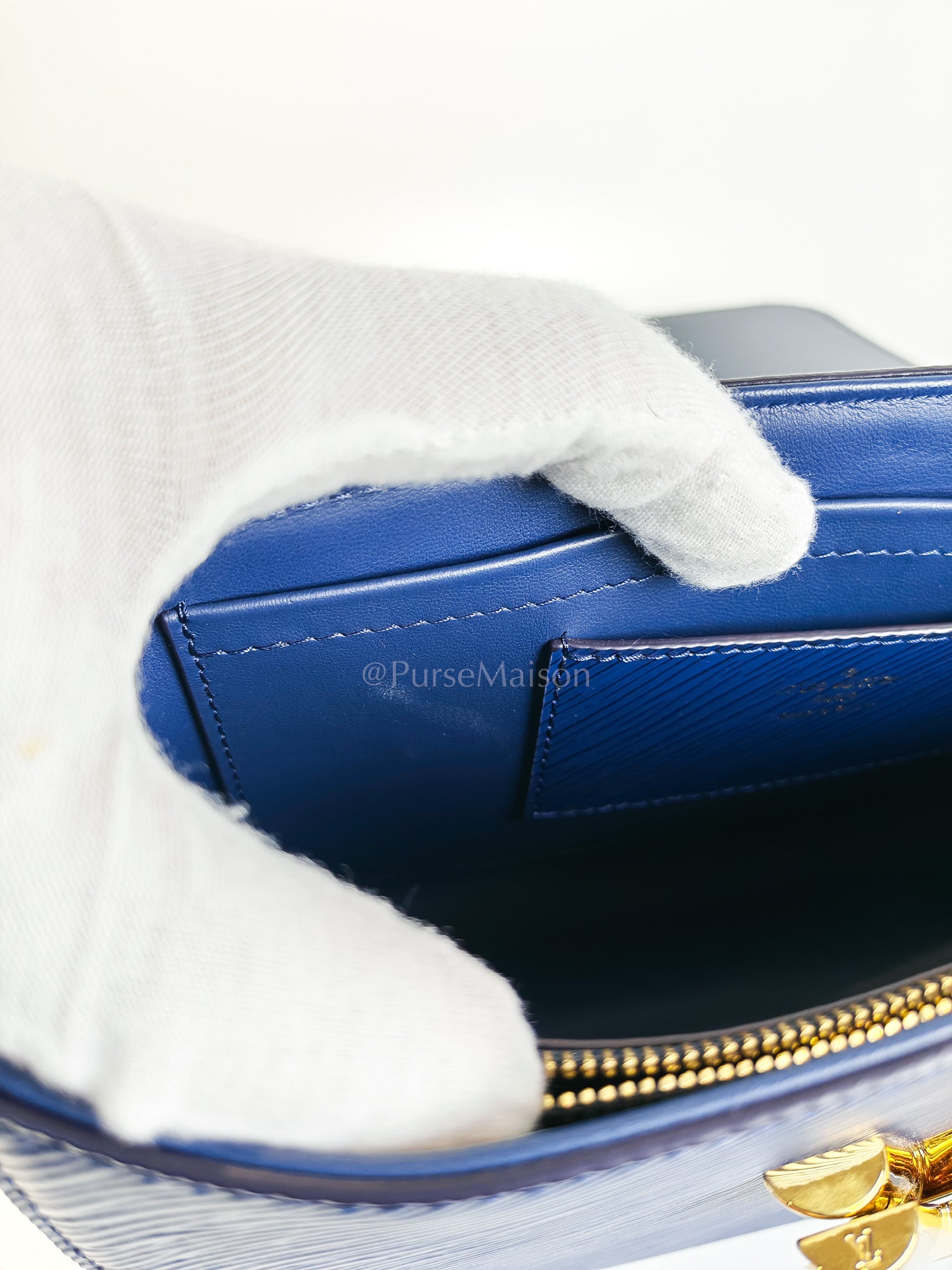 Twist Lock MM in Indigo Epi Leather and Gold Hardware (Microchip) | Purse Maison Luxury Bags Shop