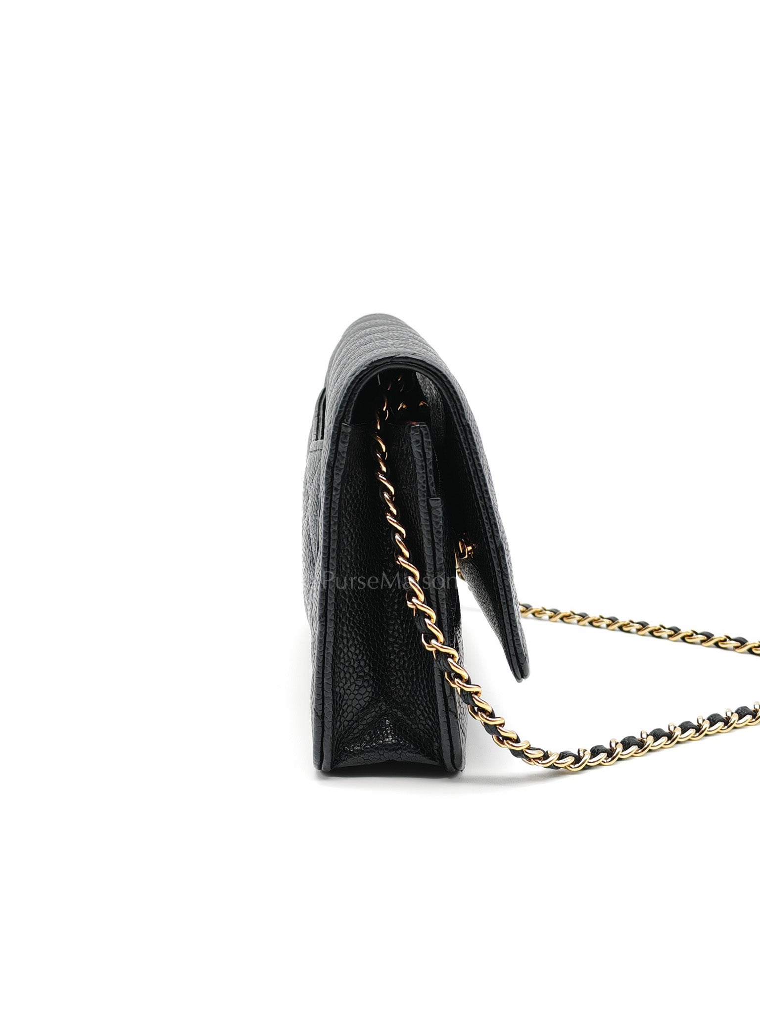 Wallet On Chain (WOC) in Black Quilted Caviar Leather and Gold Hardware Microchip