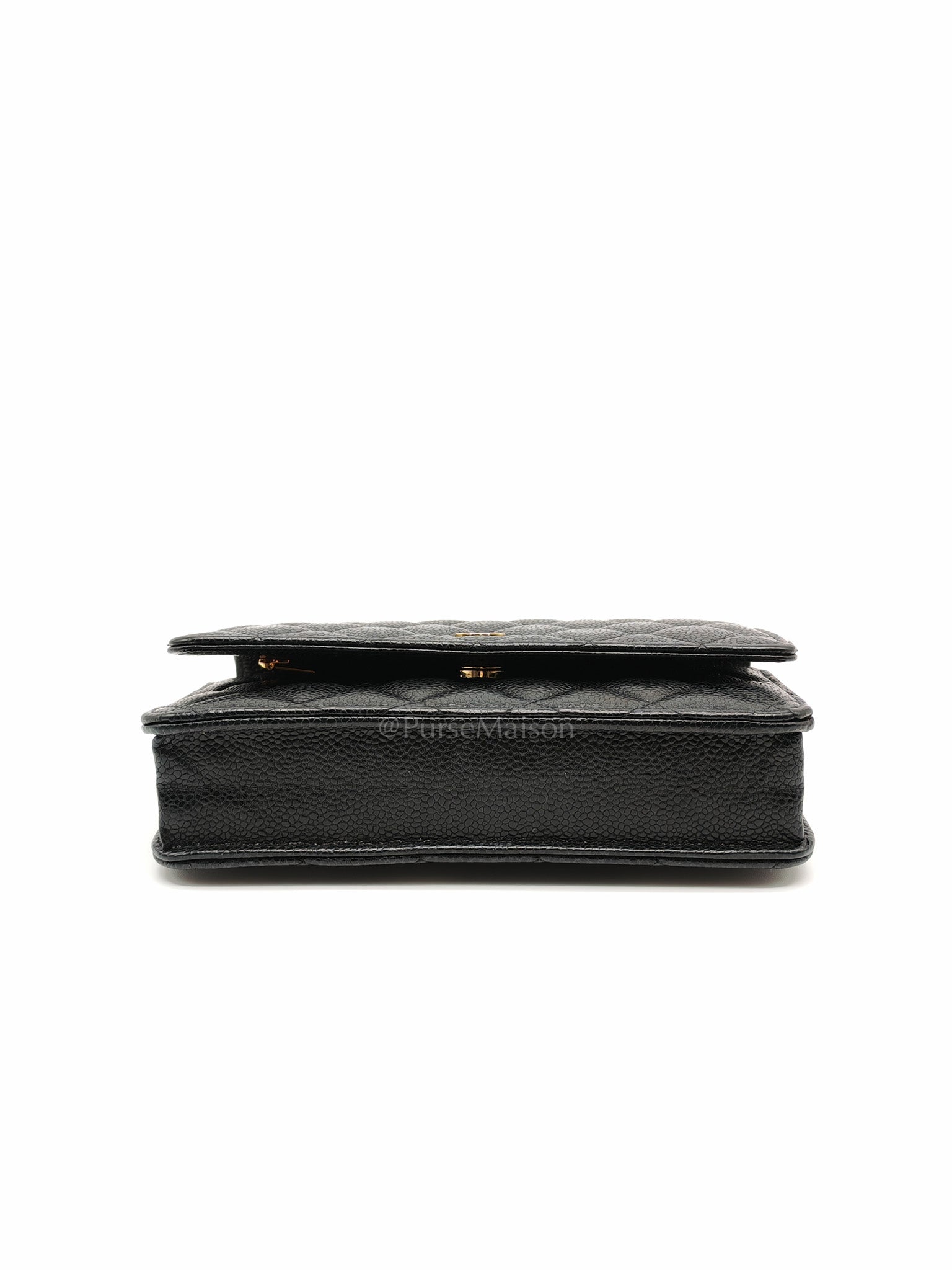 Wallet On Chain (WOC) in Black Quilted Caviar Leather and Gold Hardware Microchip