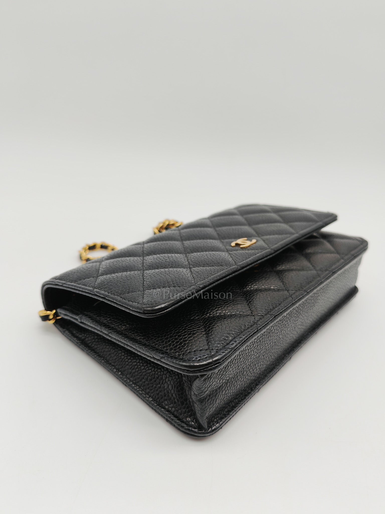Wallet On Chain (WOC) in Black Quilted Caviar Leather and Gold Hardware Microchip