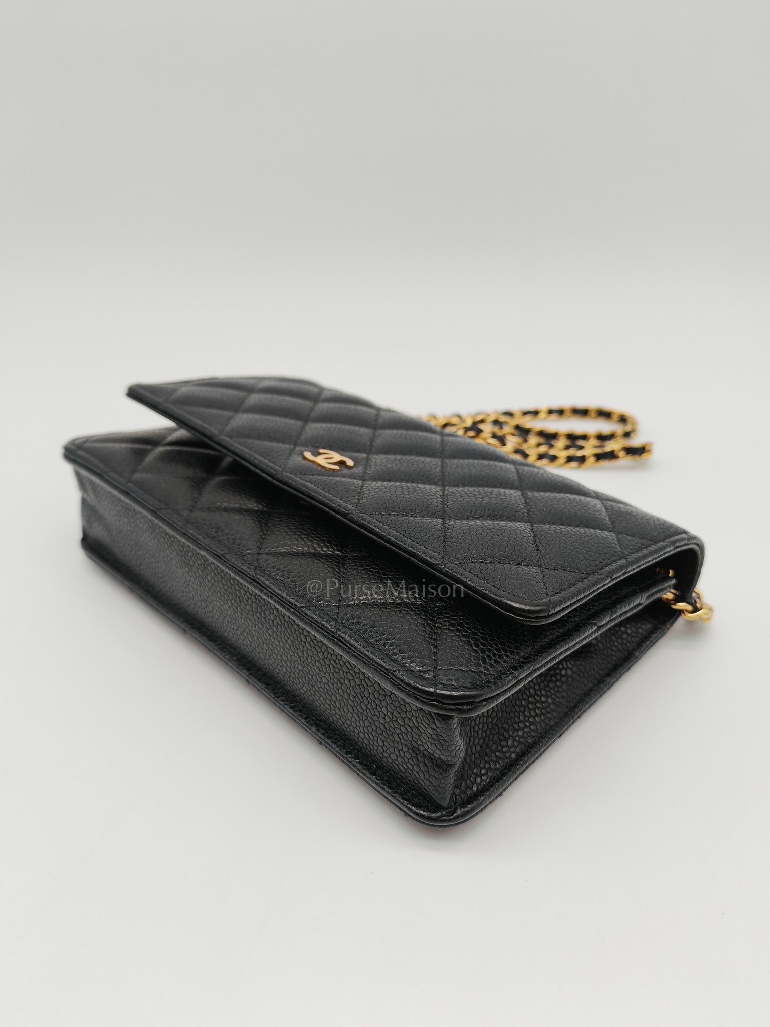 Wallet On Chain (WOC) in Black Quilted Caviar Leather and Gold Hardware Microchip