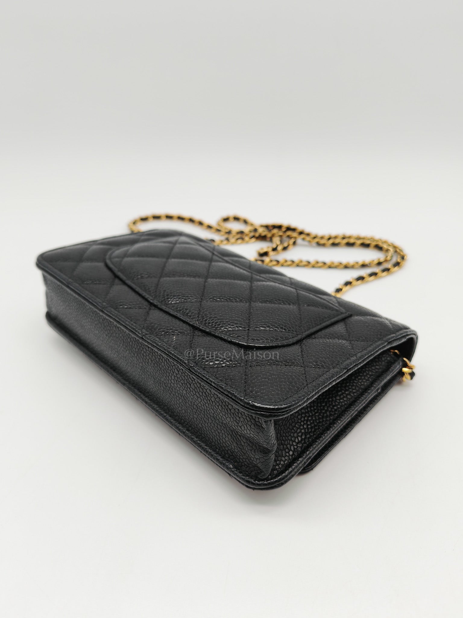 Wallet On Chain (WOC) in Black Quilted Caviar Leather and Gold Hardware Microchip
