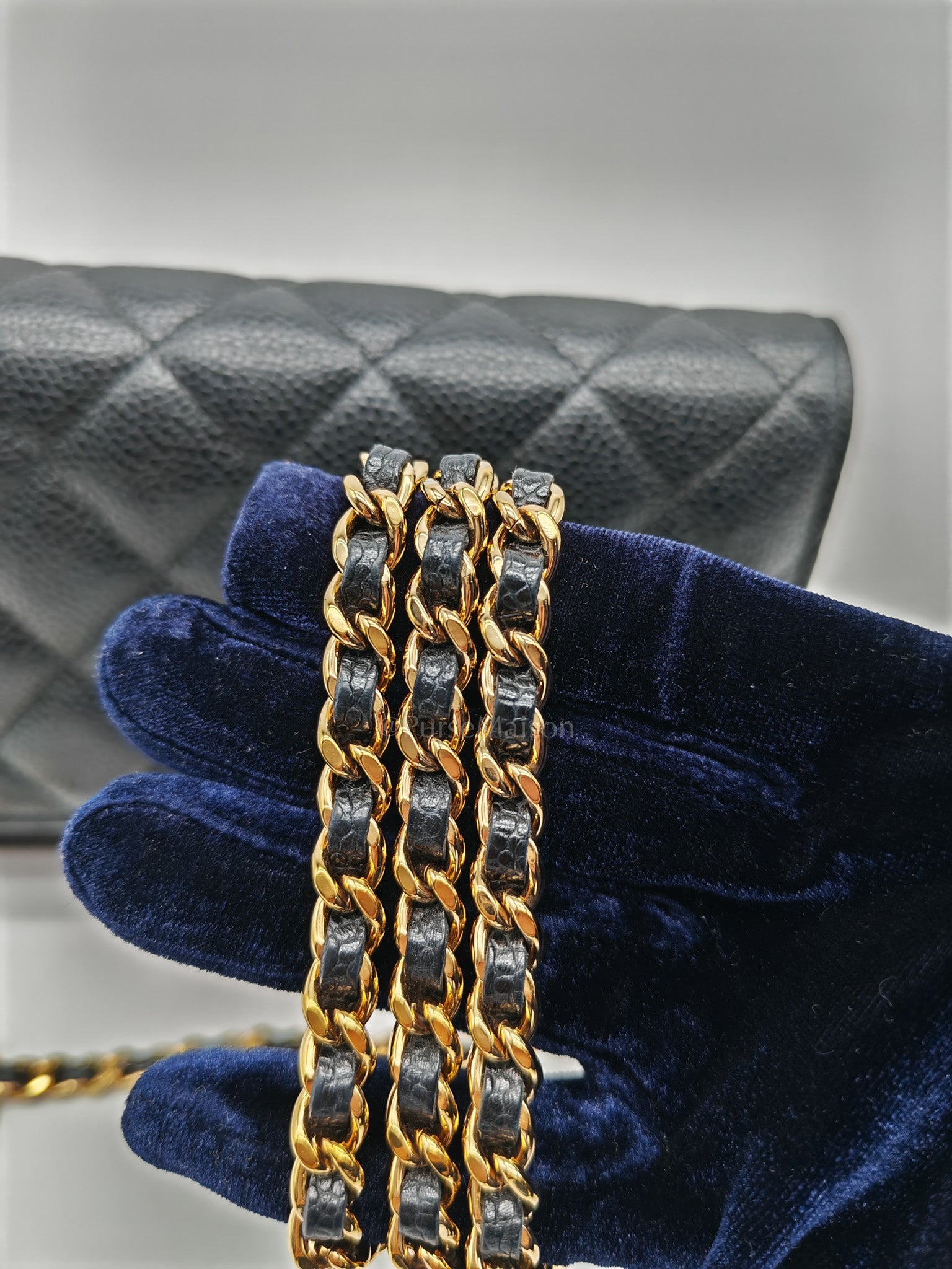 Wallet On Chain (WOC) in Black Quilted Caviar Leather and Gold Hardware Microchip