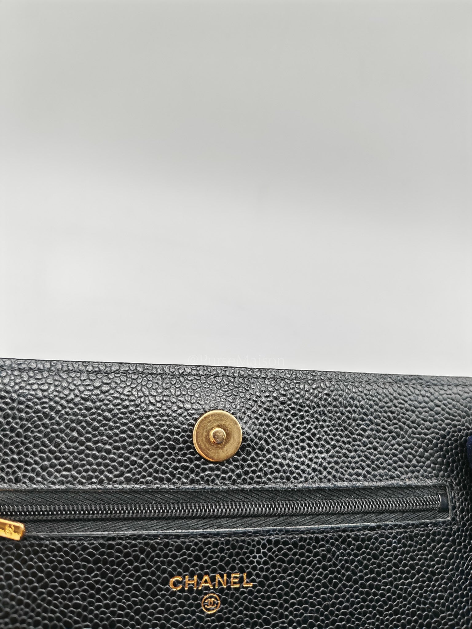 Wallet On Chain (WOC) in Black Quilted Caviar Leather and Gold Hardware Microchip