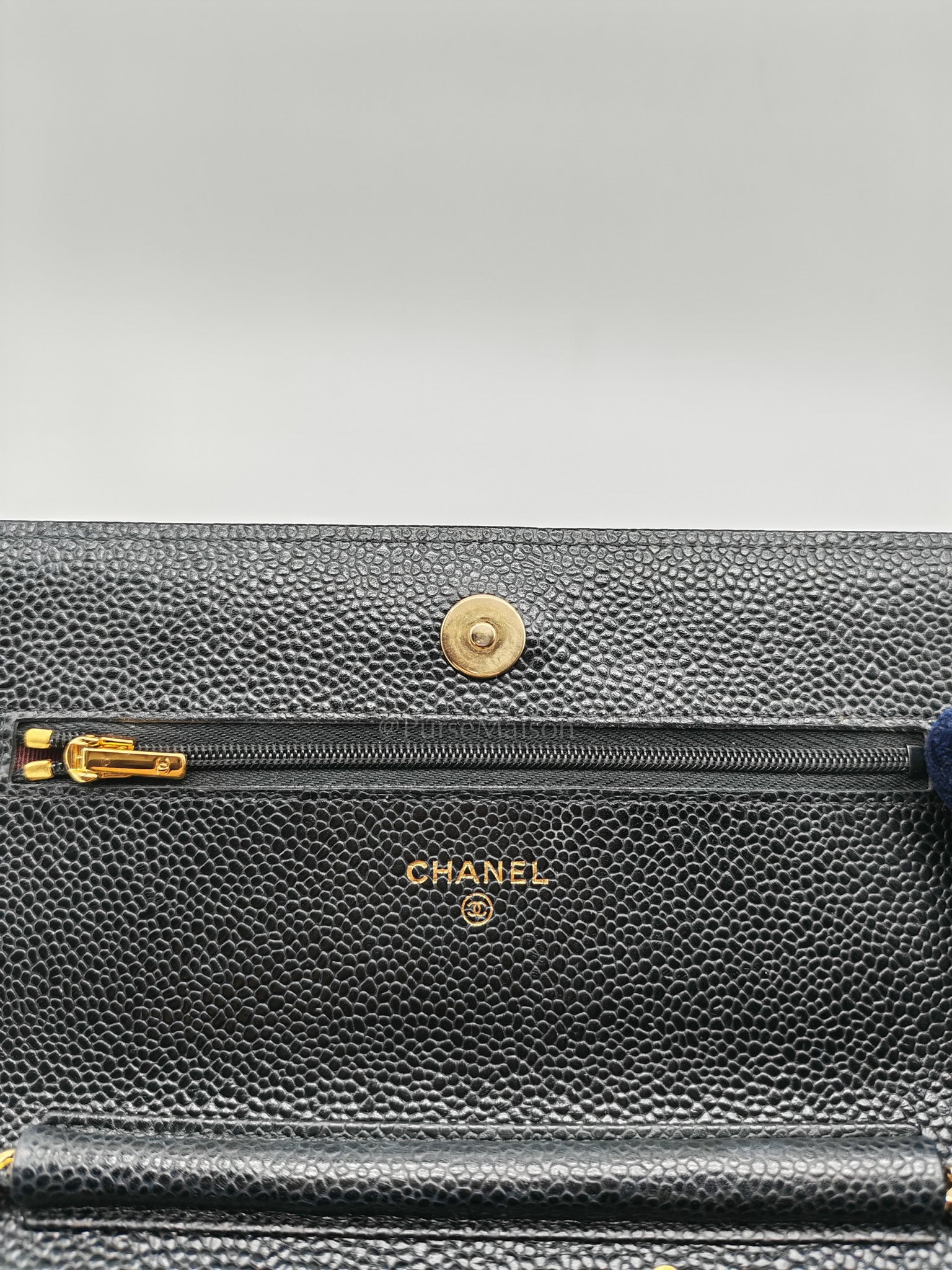 Wallet On Chain (WOC) in Black Quilted Caviar Leather and Gold Hardware Microchip