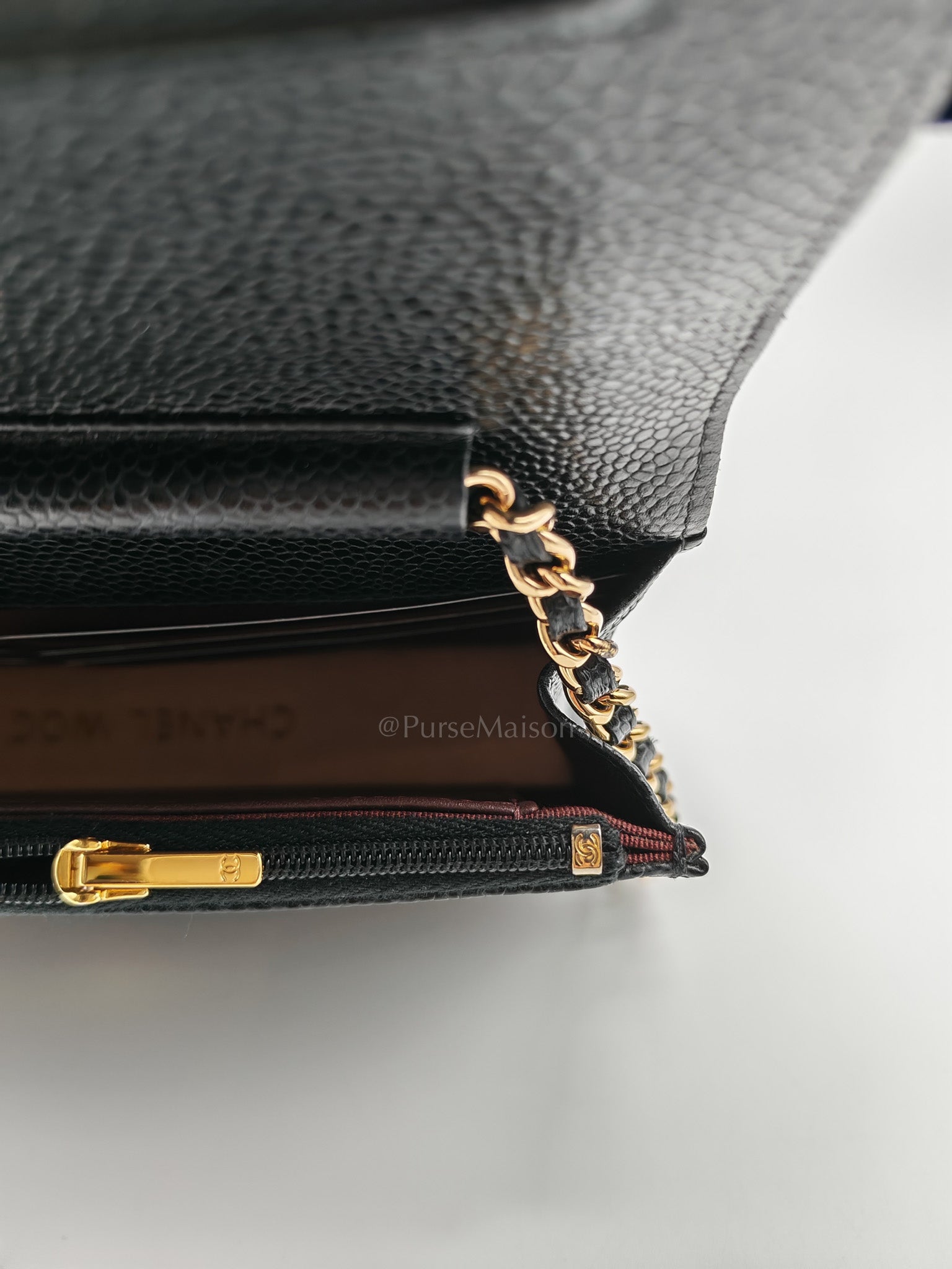 Wallet On Chain (WOC) in Black Quilted Caviar Leather and Gold Hardware Microchip