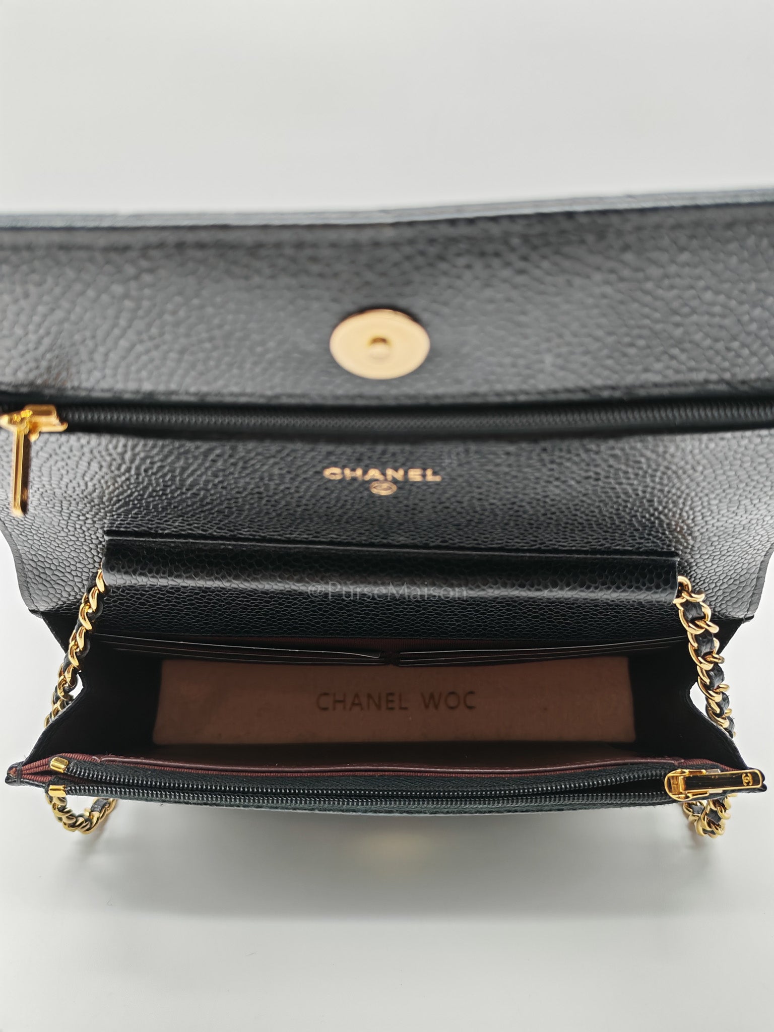 Wallet On Chain (WOC) in Black Quilted Caviar Leather and Gold Hardware Microchip