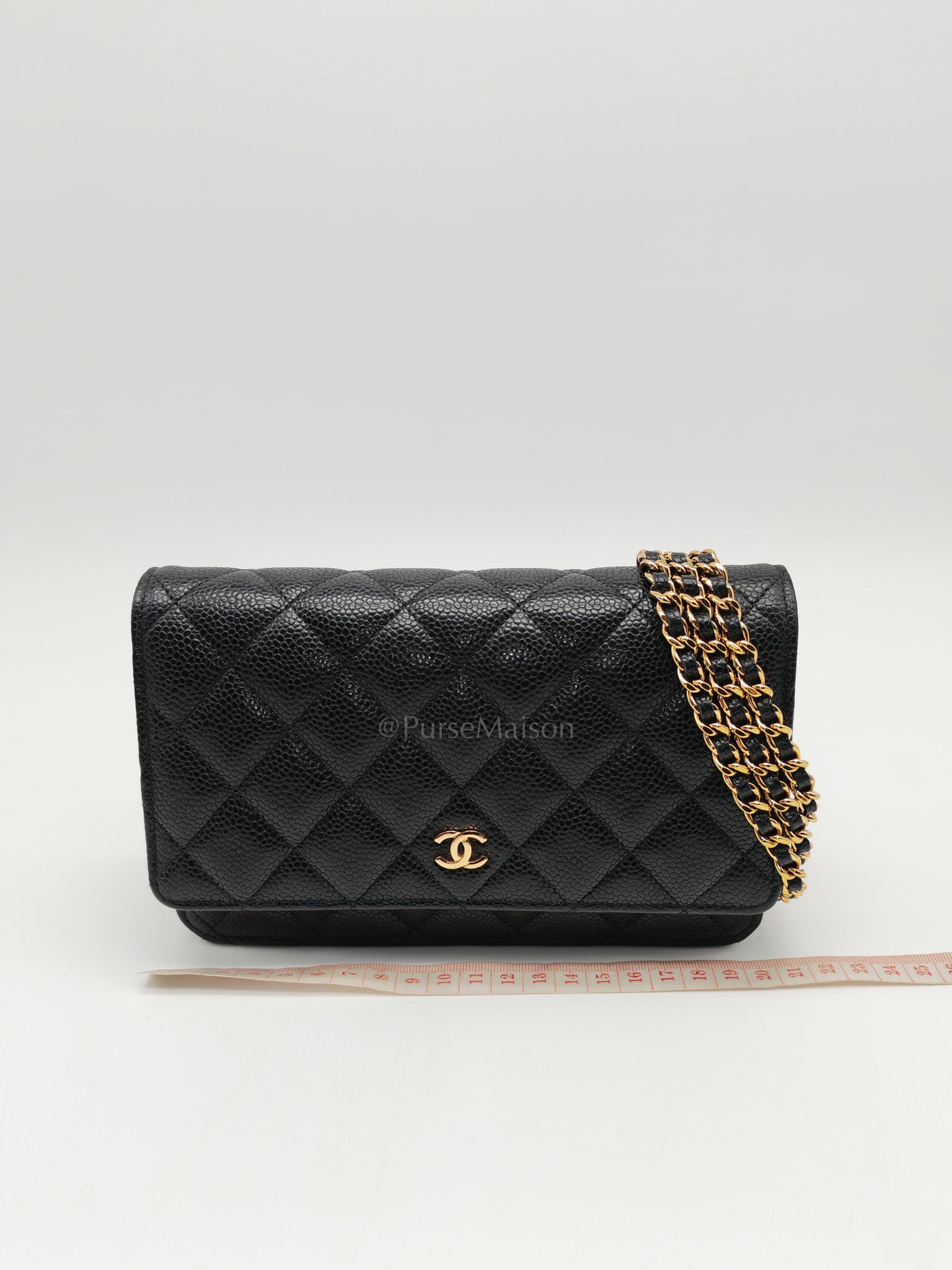 Wallet On Chain (WOC) in Black Quilted Caviar Leather and Gold Hardware Microchip