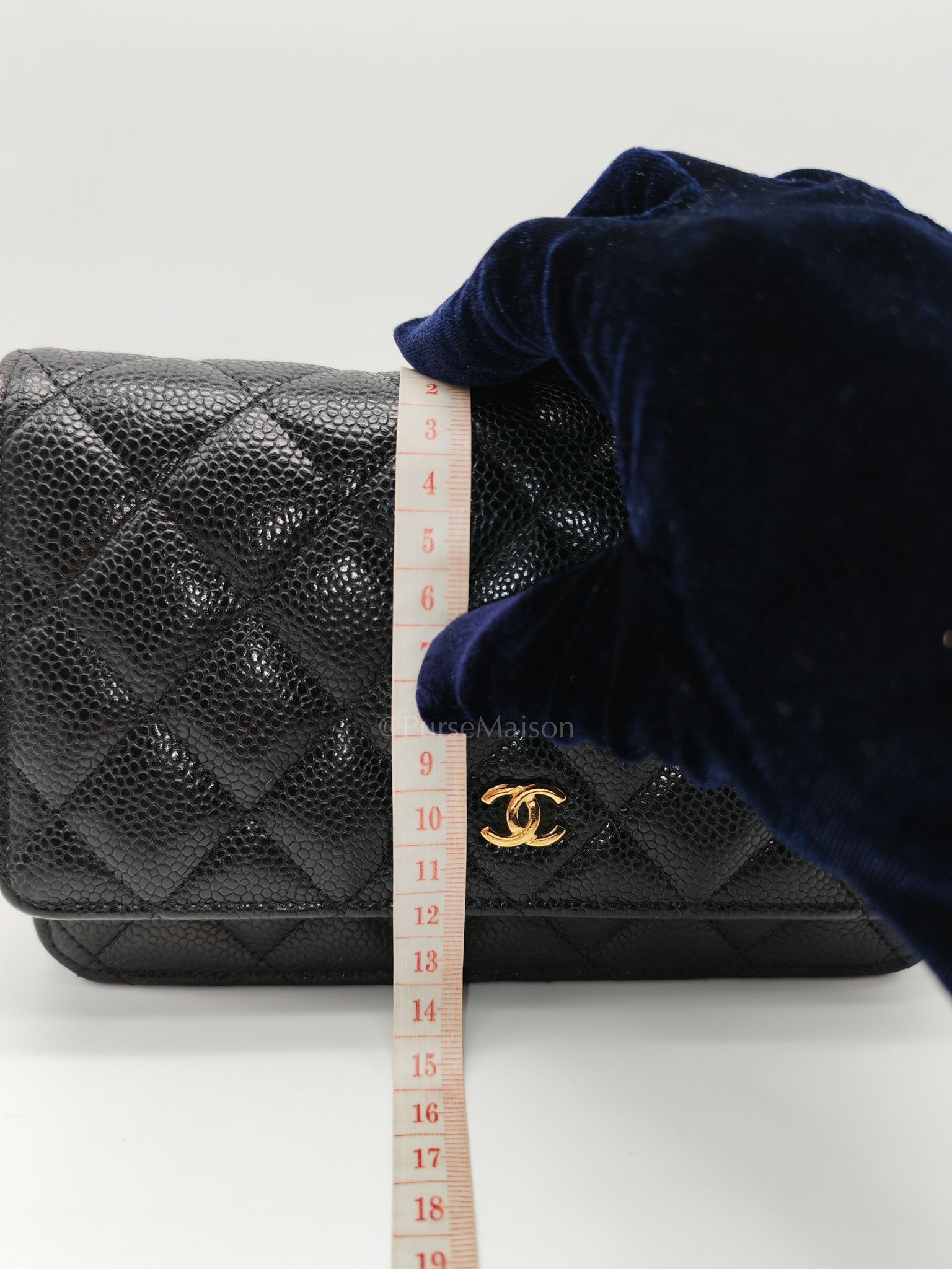 Wallet On Chain (WOC) in Black Quilted Caviar Leather and Gold Hardware Microchip