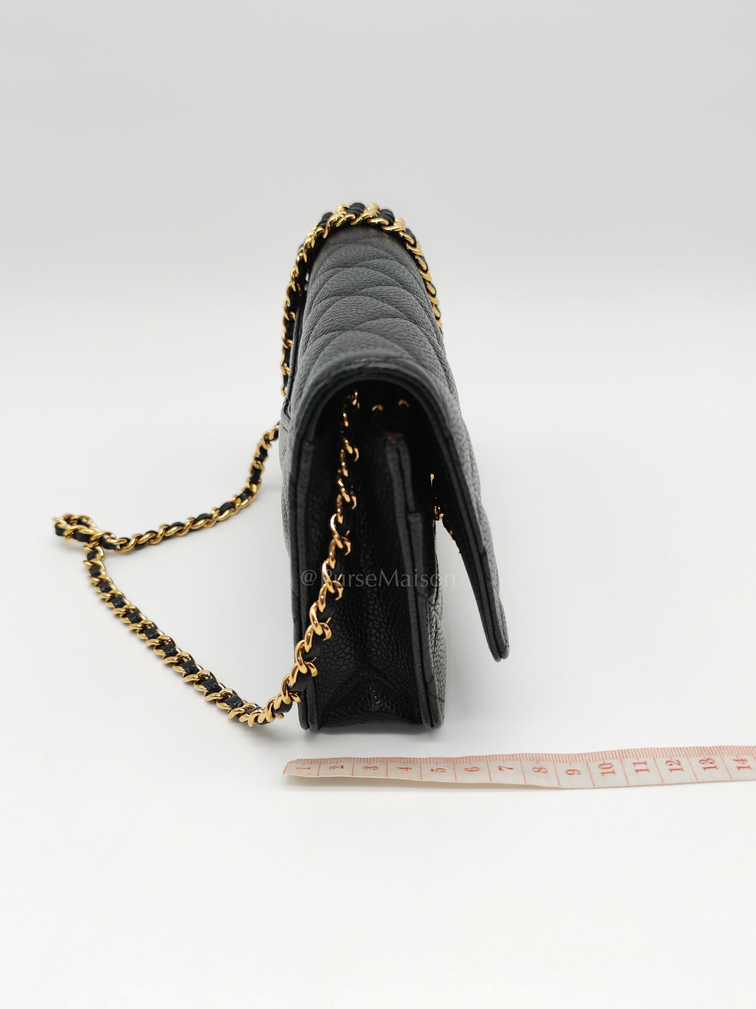 Wallet On Chain (WOC) in Black Quilted Caviar Leather and Gold Hardware Microchip