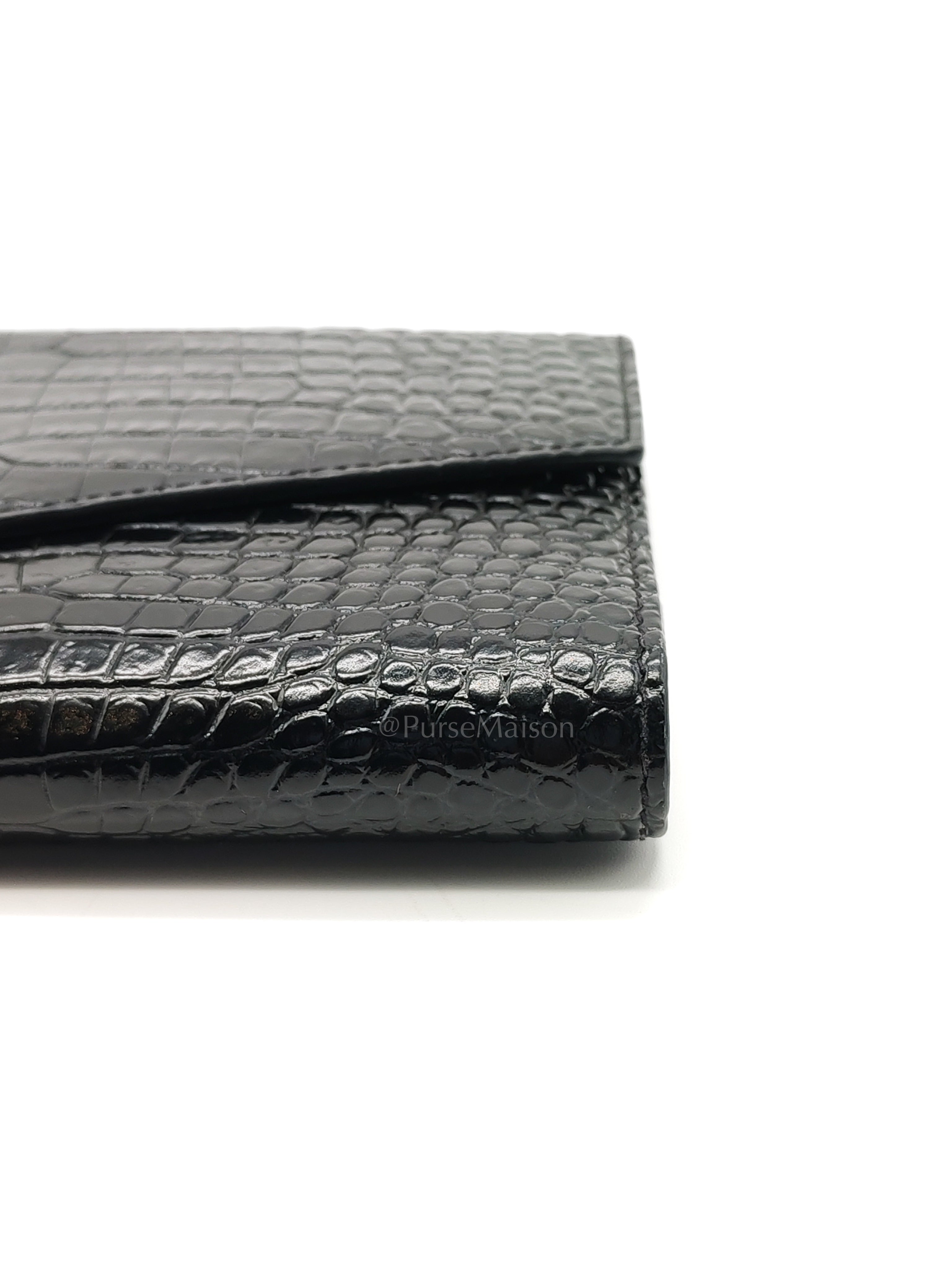Uptown Clutch in Black Croc-embossed Calfskin Leather & Silver Hardware | Purse Maison Luxury Bags Shop