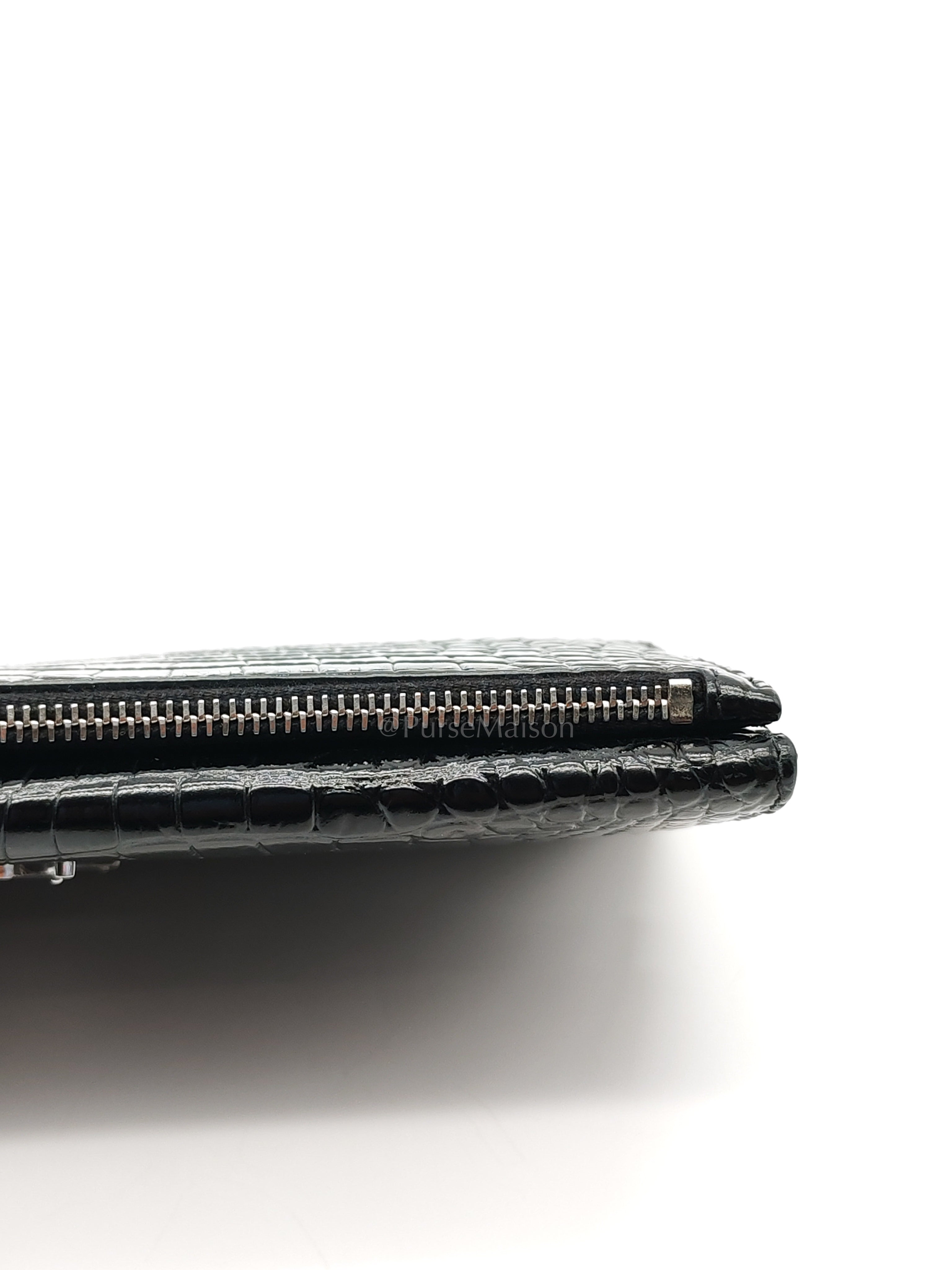 Uptown Clutch in Black Croc-embossed Calfskin Leather & Silver Hardware | Purse Maison Luxury Bags Shop