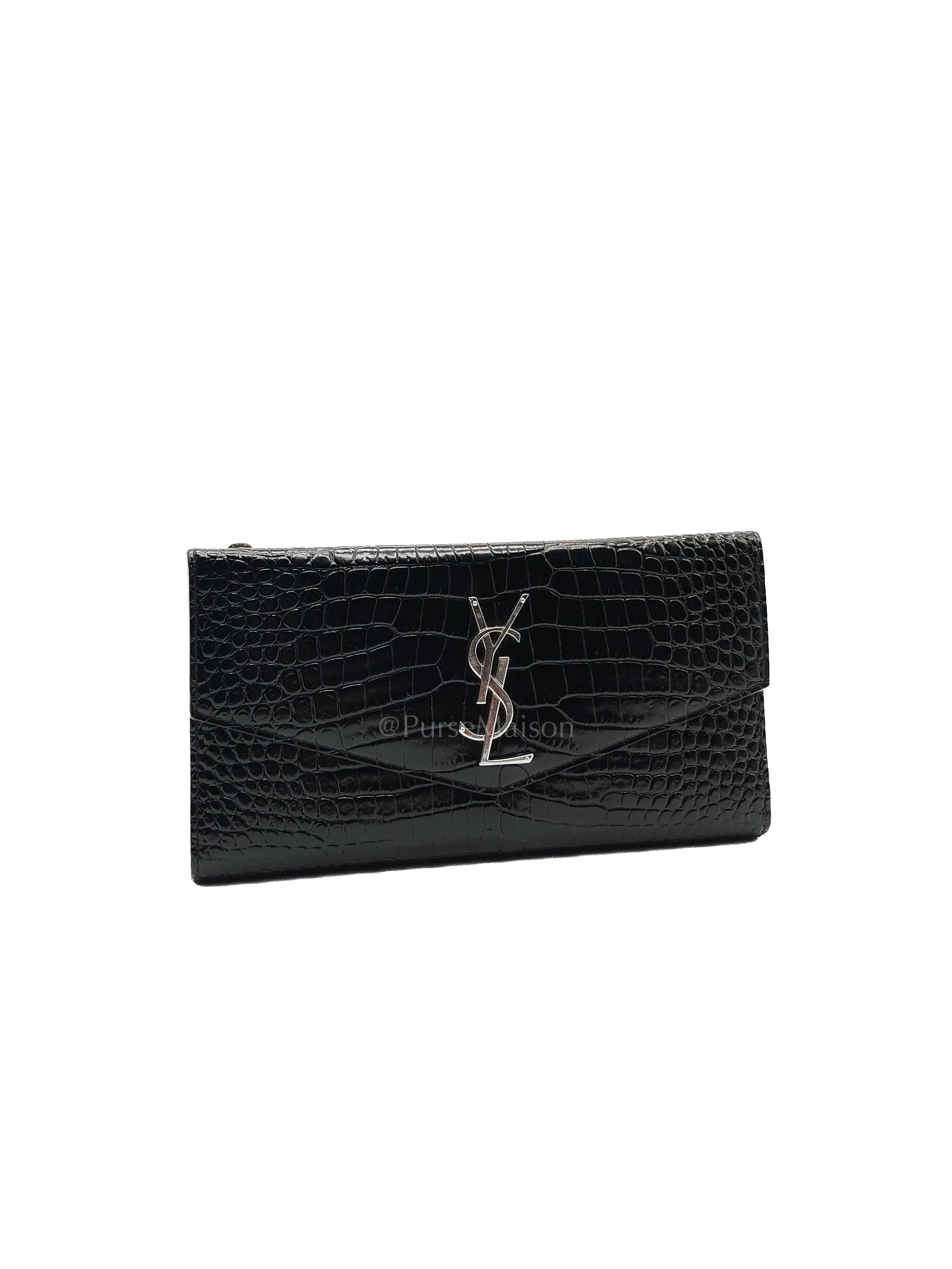Uptown Clutch in Black Croc-embossed Calfskin Leather & Silver Hardware | Purse Maison Luxury Bags Shop