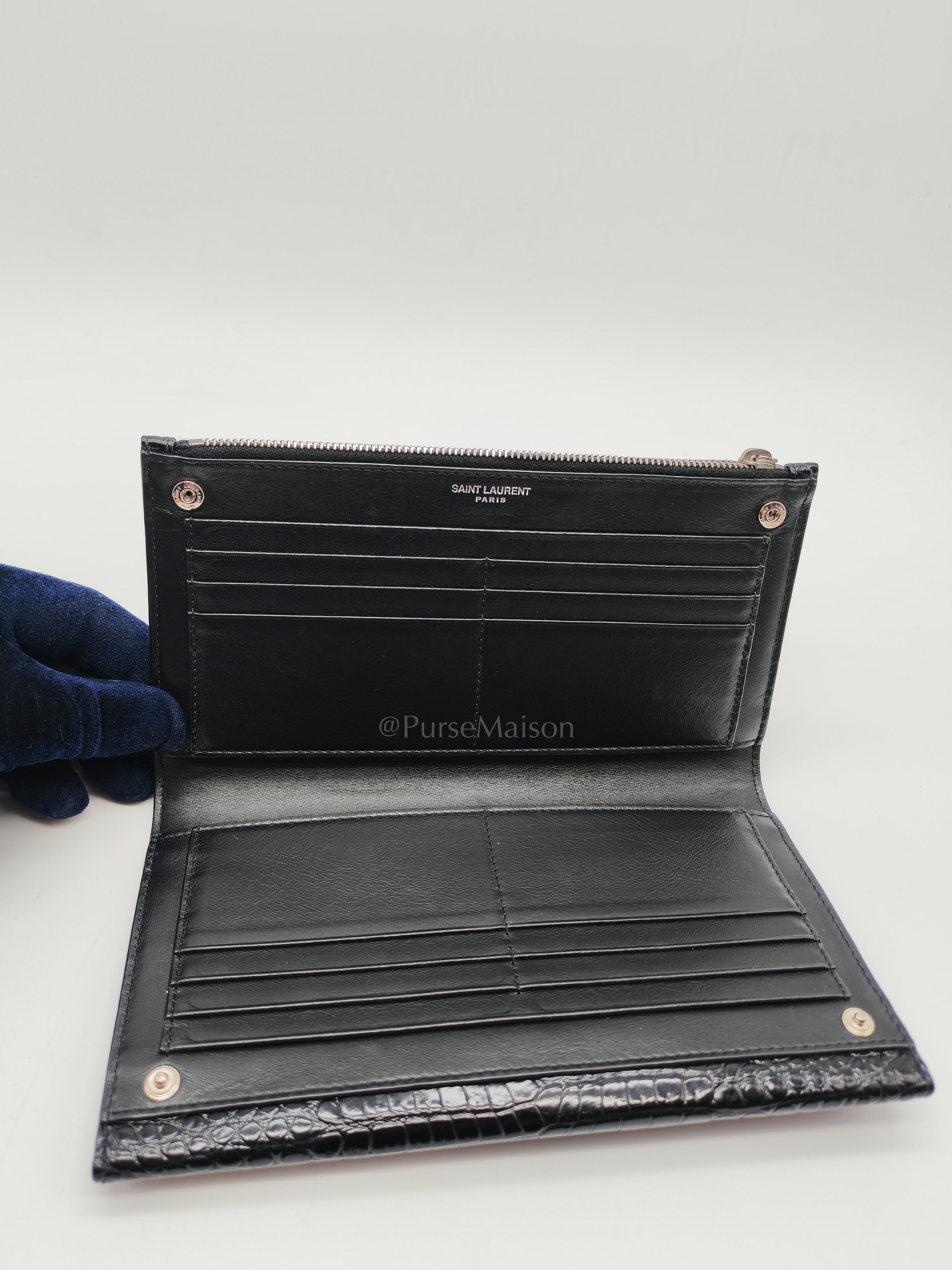 Uptown Clutch in Black Croc-embossed Calfskin Leather & Silver Hardware | Purse Maison Luxury Bags Shop