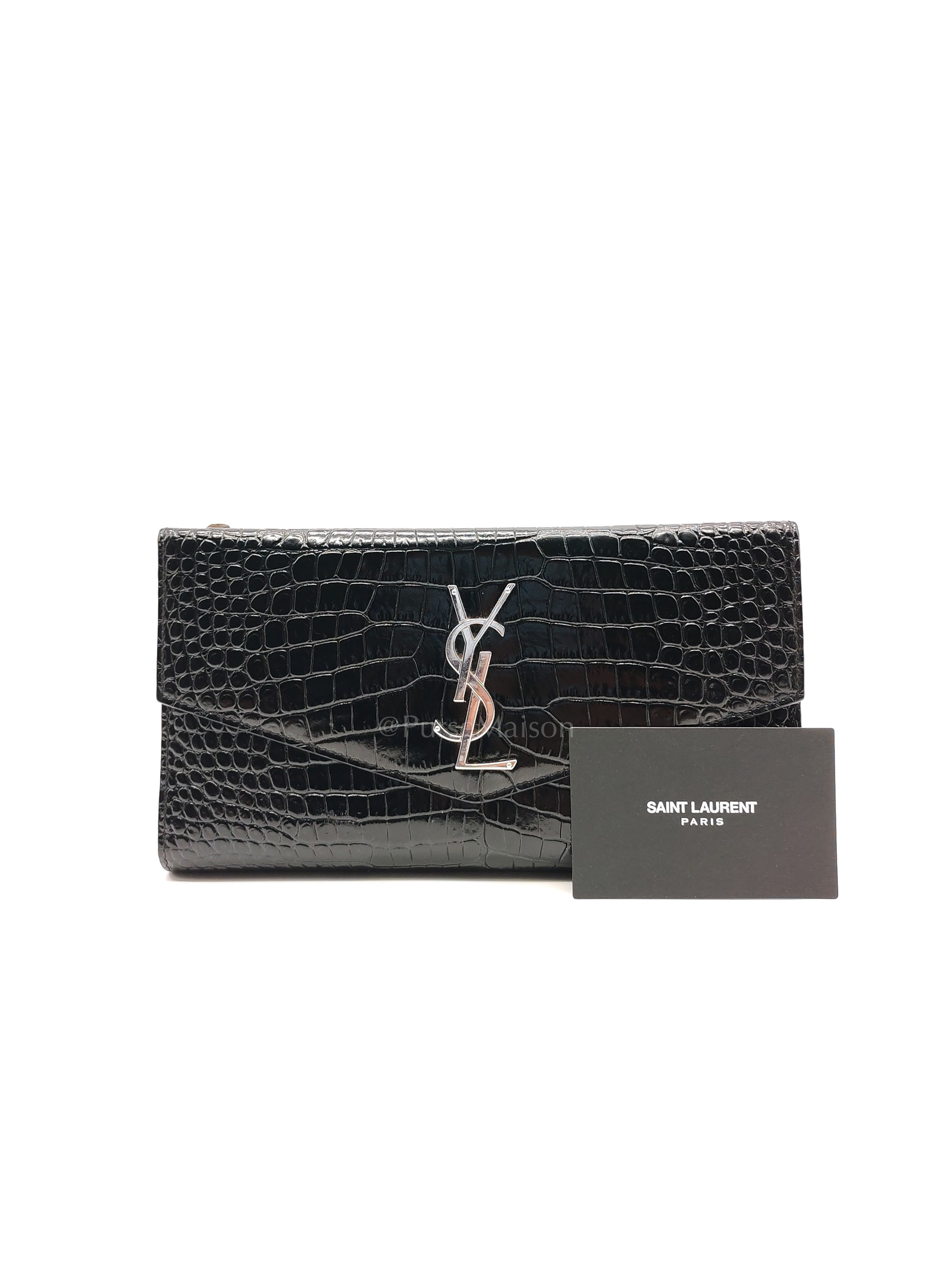 Uptown Clutch in Black Croc-embossed Calfskin Leather & Silver Hardware | Purse Maison Luxury Bags Shop