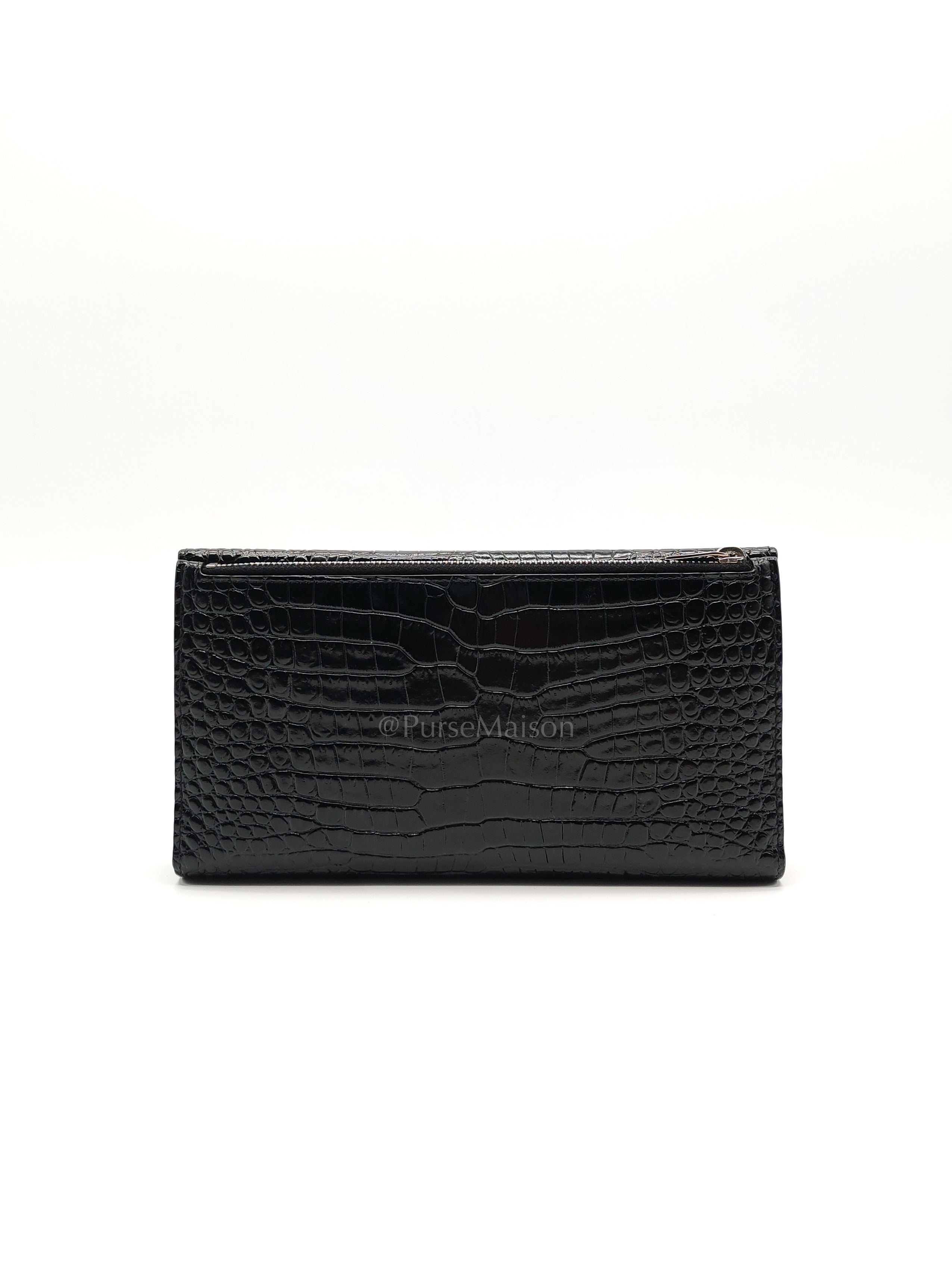 Uptown Clutch in Black Croc-embossed Calfskin Leather & Silver Hardware | Purse Maison Luxury Bags Shop