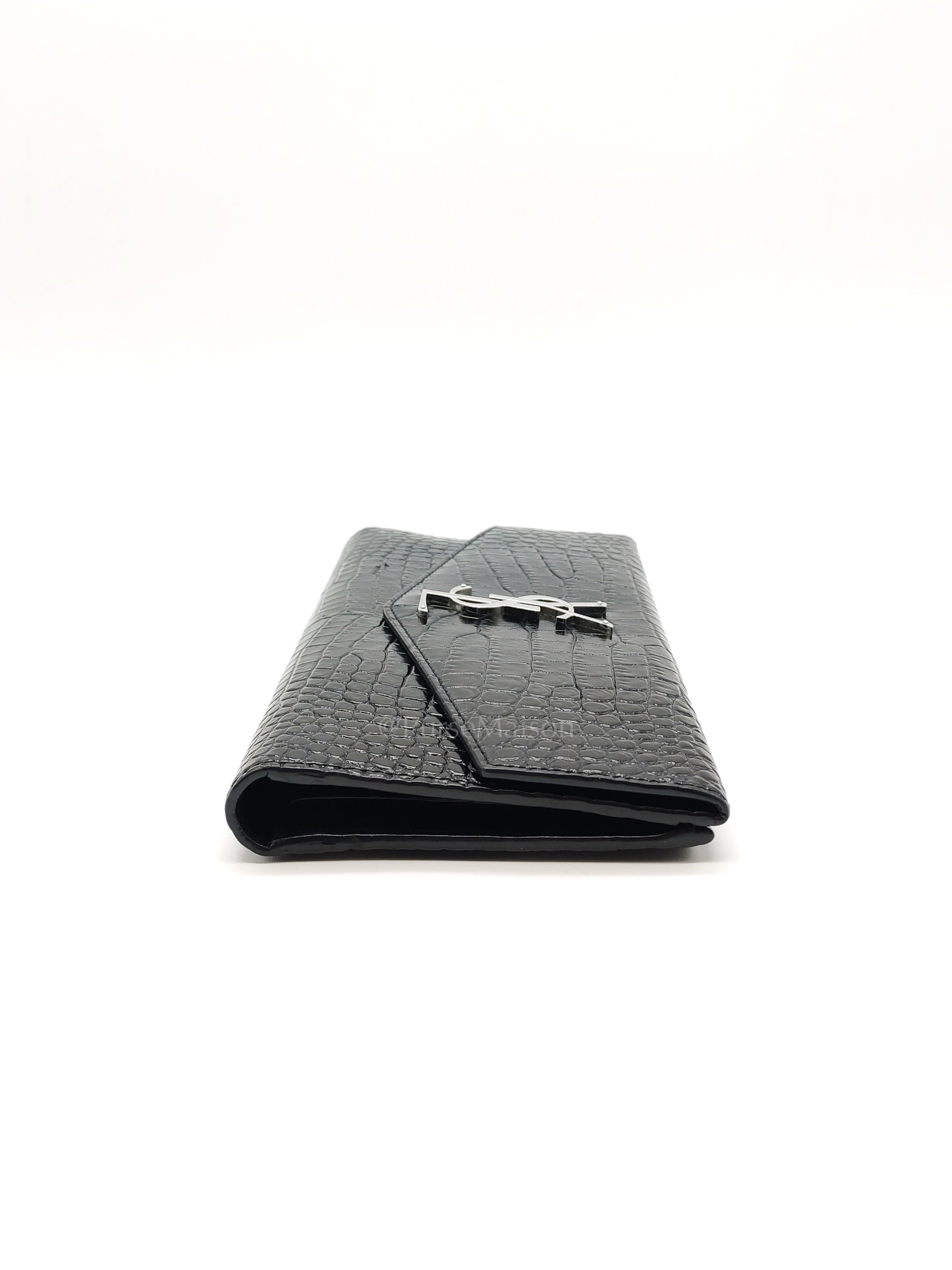 Uptown Clutch in Black Croc-embossed Calfskin Leather & Silver Hardware | Purse Maison Luxury Bags Shop
