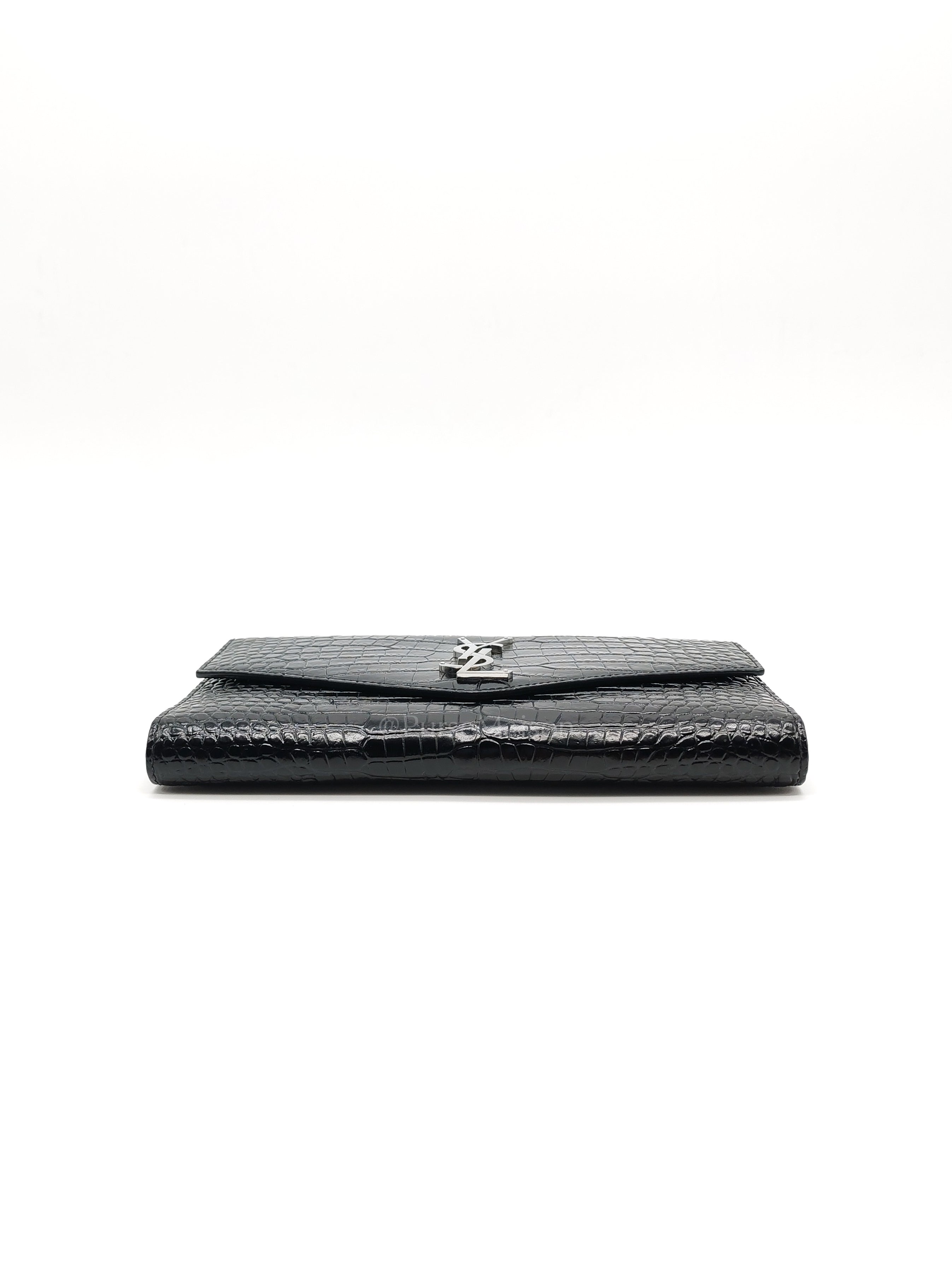 Uptown Clutch in Black Croc-embossed Calfskin Leather & Silver Hardware | Purse Maison Luxury Bags Shop