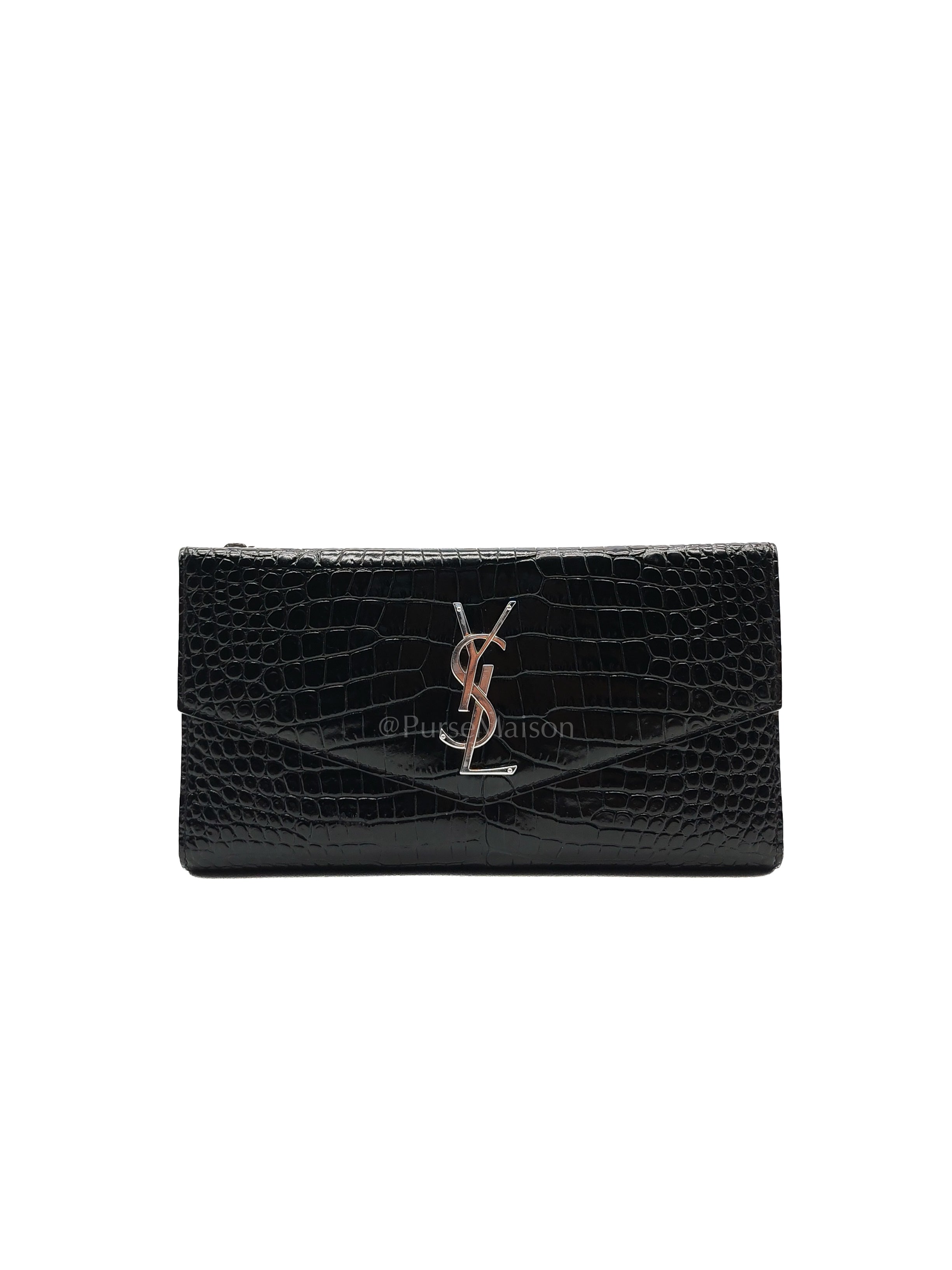 Uptown Clutch in Black Croc-embossed Calfskin Leather & Silver Hardware | Purse Maison Luxury Bags Shop
