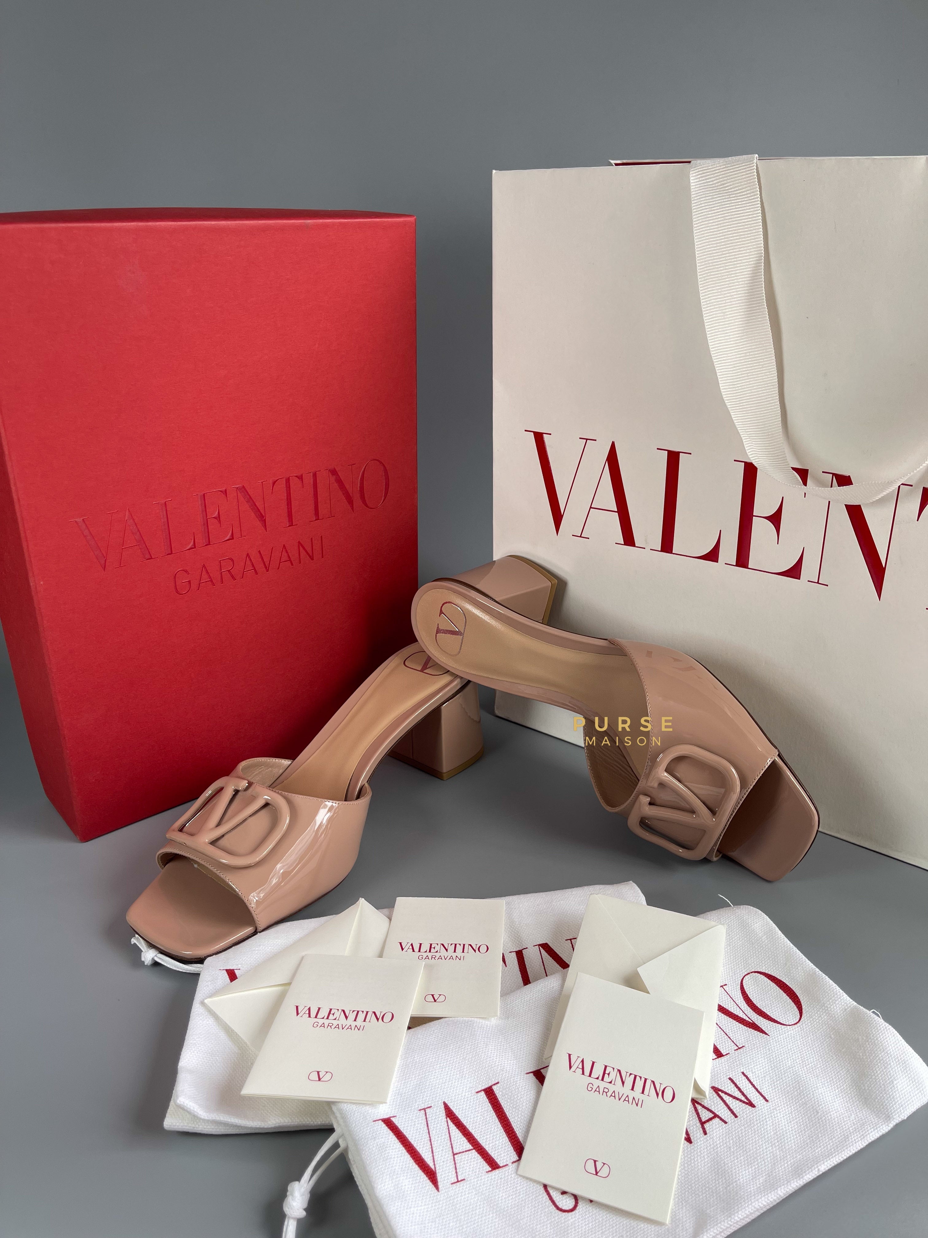 Valentino Garavani Beige Leather VLogo Heeled Sandals Size 38.5 EU | Purse Maison Luxury Bags Shop