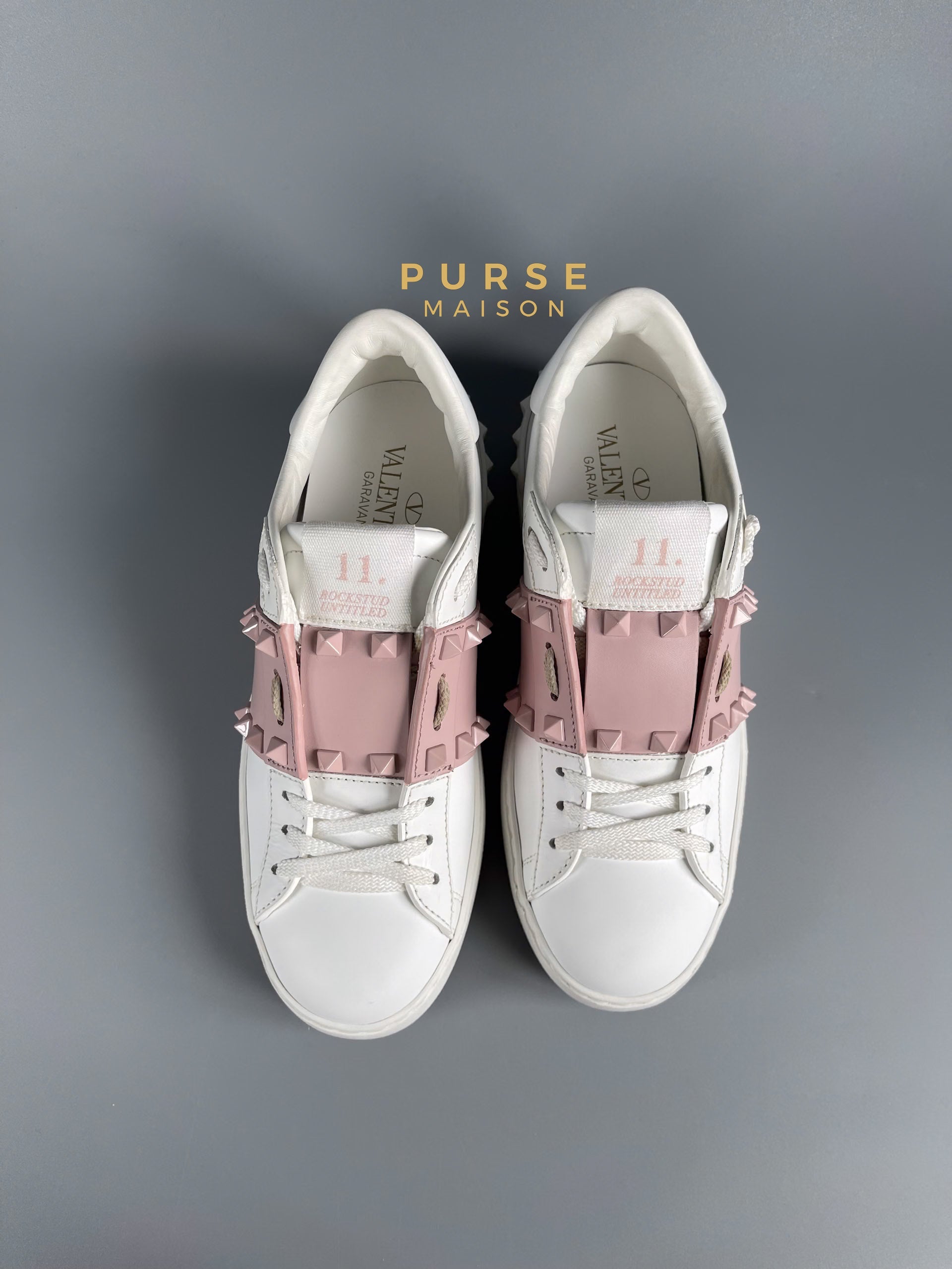 Valentino Garavani Stud Detailed Lace Up White/Pink Sneakers Size 35 EU (23.5cm) | Purse Maison Luxury Bags Shop