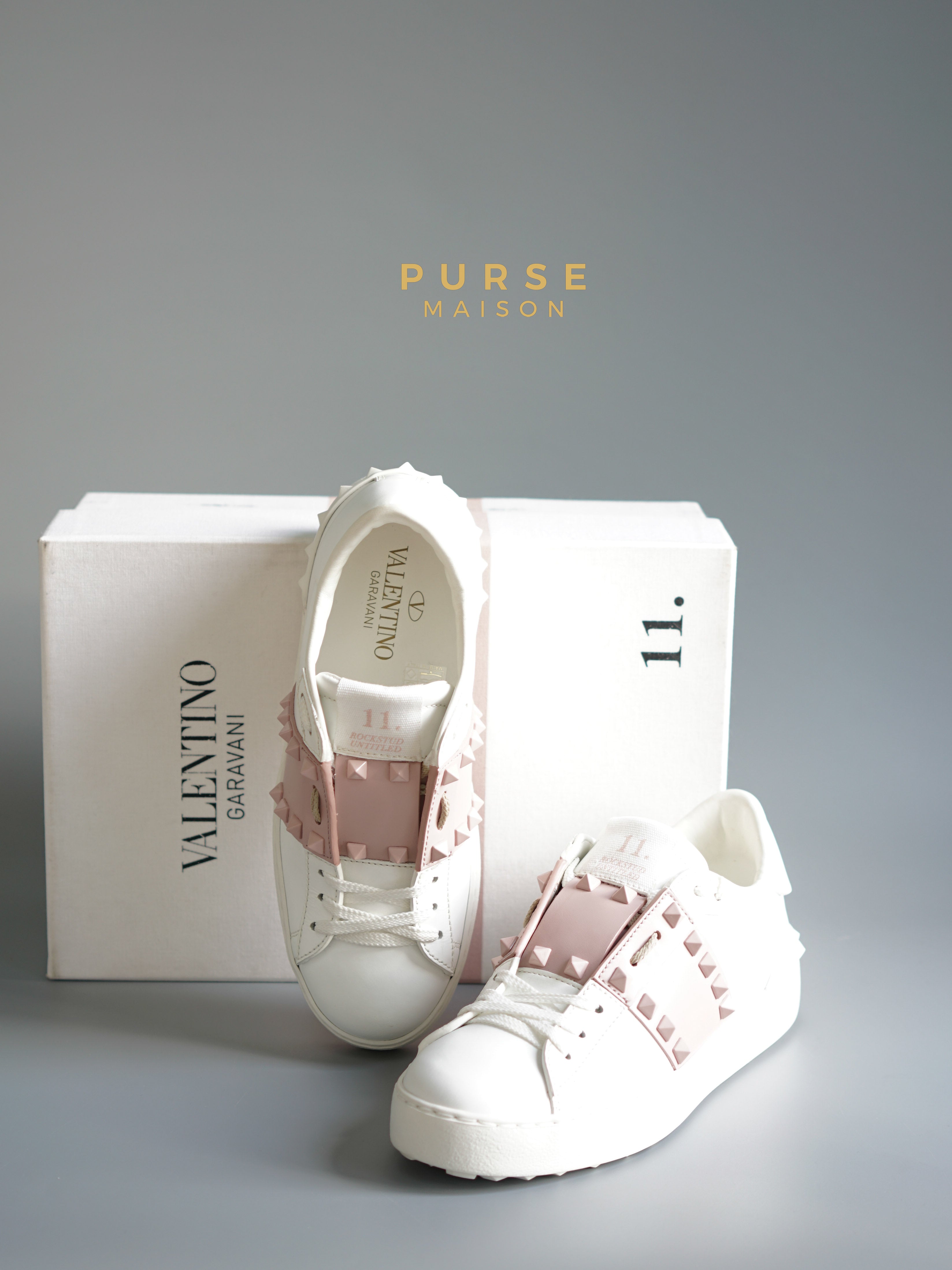 Valentino Garavani Stud Detailed Lace Up White/Pink Sneakers Size 35 EU (23.5cm) | Purse Maison Luxury Bags Shop