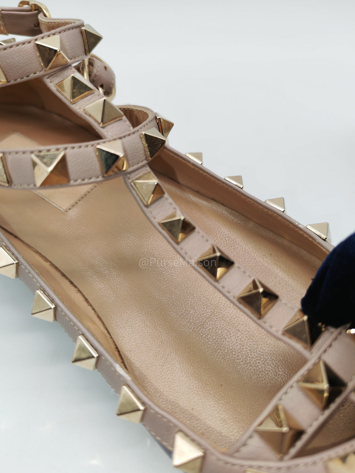 Valentino Gravani Rockstud Cage Flats in Black/Poudre Patent Leather Size 36.5 Eu (27.5 cm) | Purse Maison Luxury Bags Shop