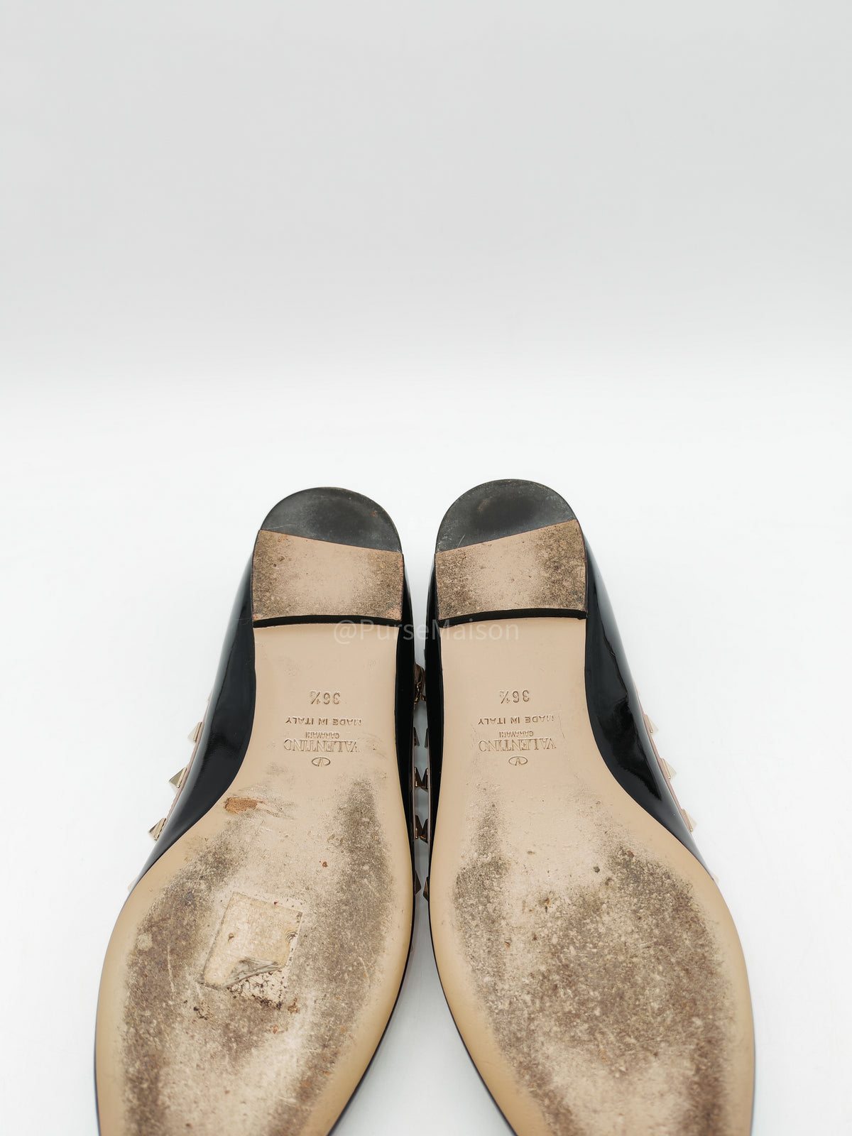 Valentino Gravani Rockstud Cage Flats in Black/Poudre Patent Leather Size 36.5 Eu (27.5 cm) | Purse Maison Luxury Bags Shop