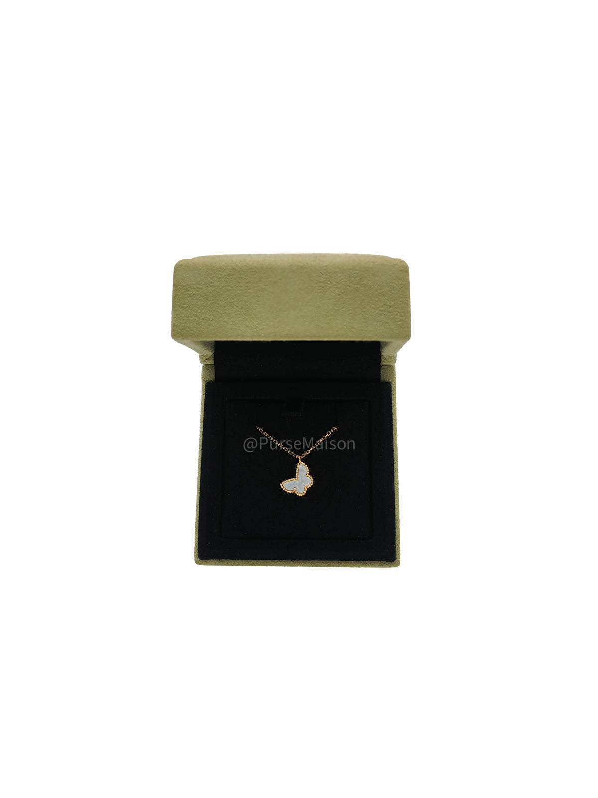 Van Cleef & Arpels Sweet Alhambra Butterfly Pendant in White Mother of Pearl 18k Yellow Gold Necklace | Purse Maison Luxury Bags Shop