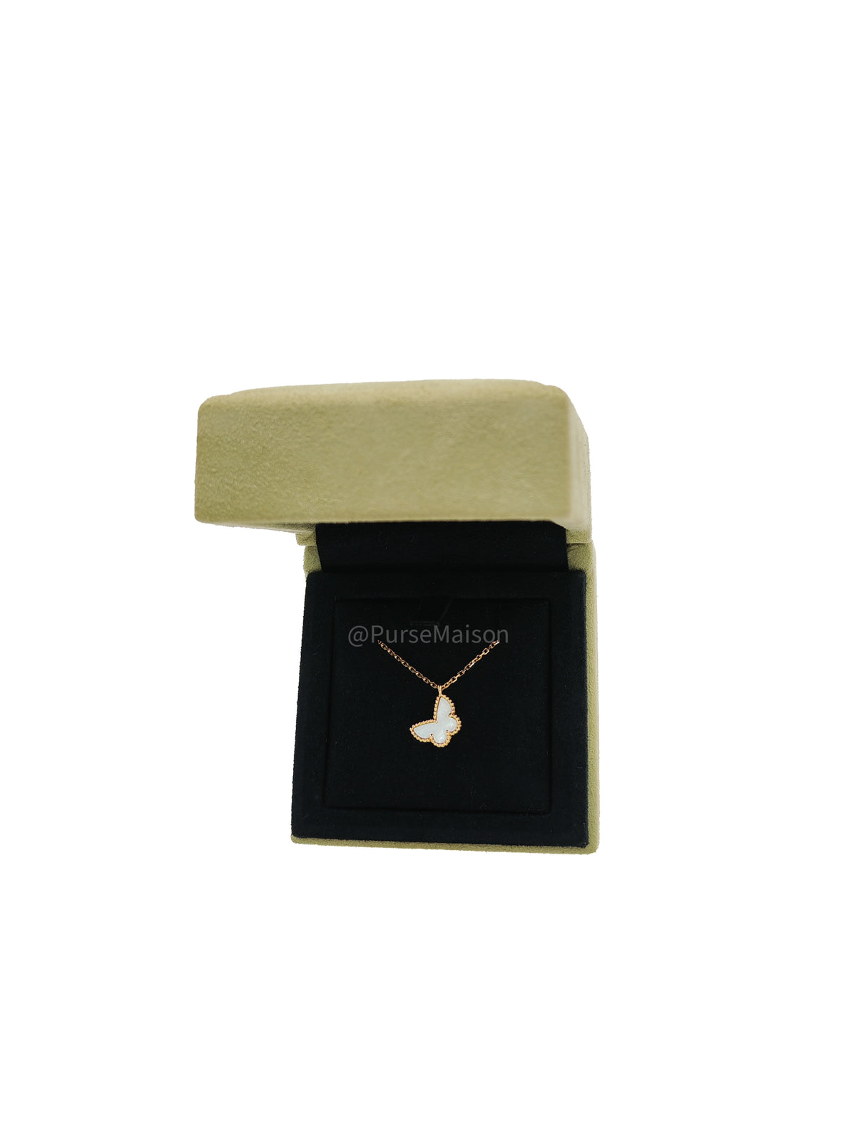 Van Cleef & Arpels Sweet Alhambra Butterfly Pendant in White Mother of Pearl 18k Yellow Gold Necklace | Purse Maison Luxury Bags Shop