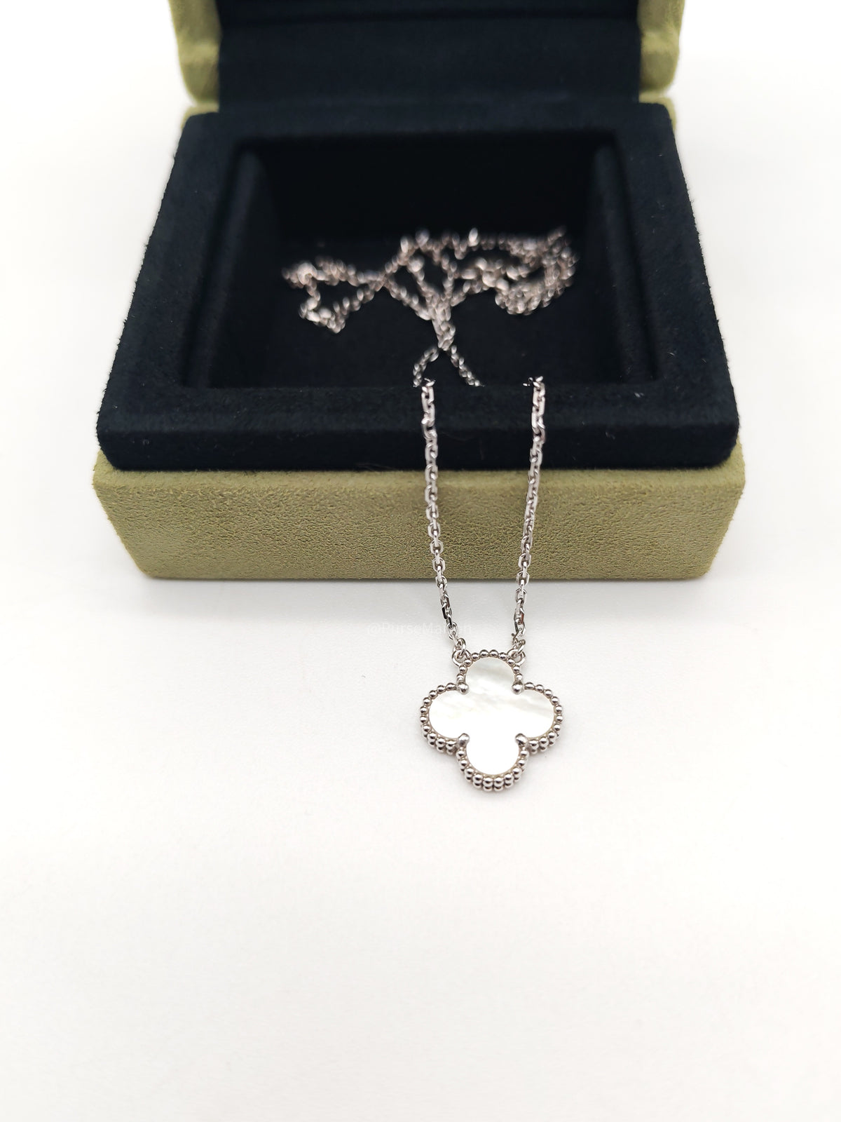 Van Cleef & Arpels Vintage Alhambra White MOP Pendant in 18k White Gold Necklace (2023) | Purse Maison Luxury Bags Shop