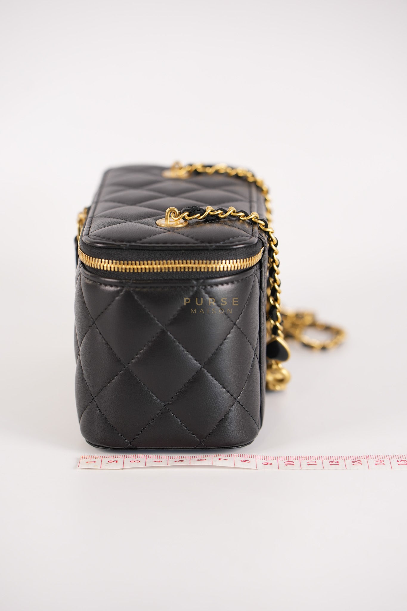 Vanity Case Black in Lambskin Leather and Aged Gold Heart Chain Strap (Microchip) | Purse Maison Luxury Bags Shop