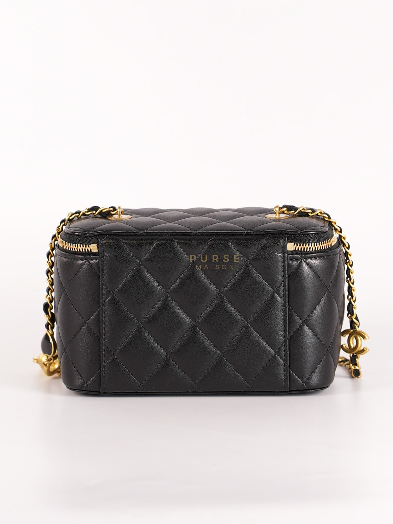 Vanity Case Black in Lambskin Leather and Aged Gold Heart Chain Strap (Microchip) | Purse Maison Luxury Bags Shop