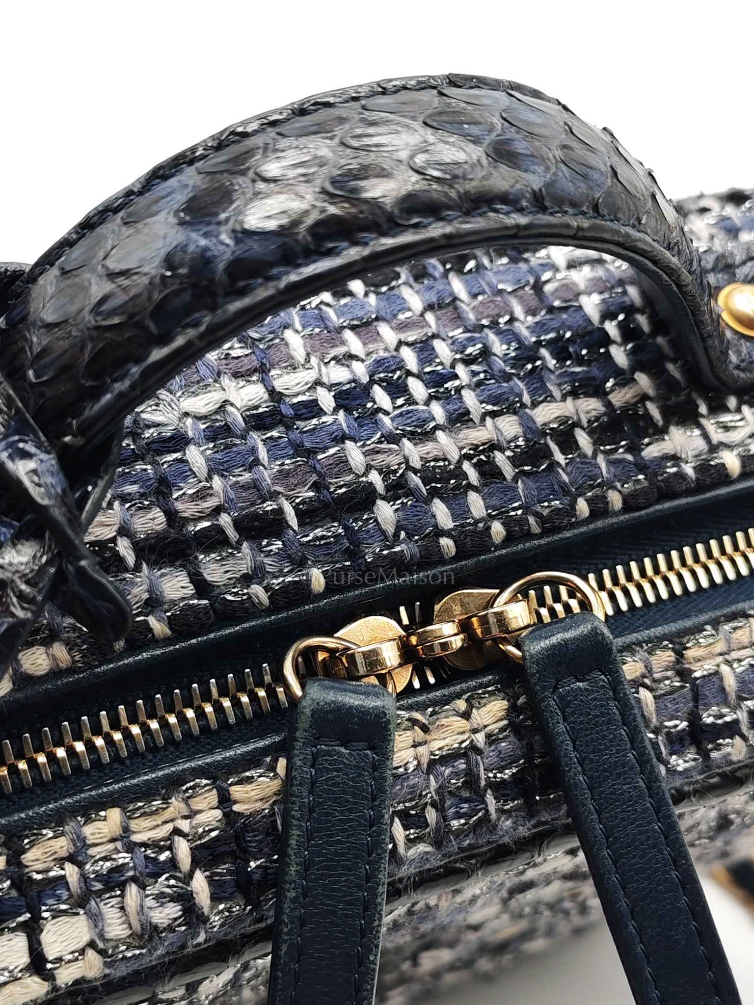 Vanity Case Filigree Medium in Navy Tweed Python Aged Gold Hardware (Series 25) | Purse Maison Luxury Bags Shop