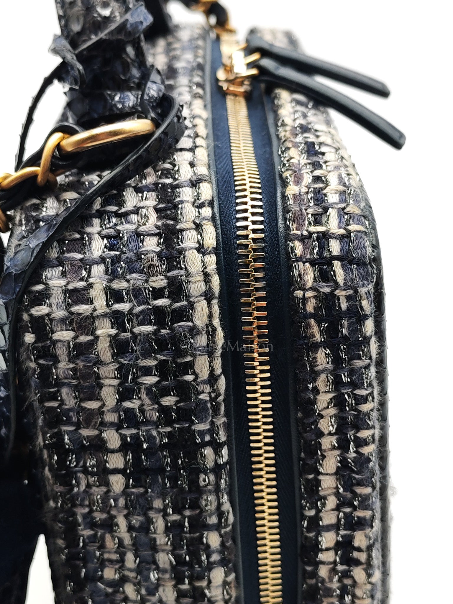 Vanity Case Filigree Medium in Navy Tweed Python Aged Gold Hardware (Series 25) | Purse Maison Luxury Bags Shop