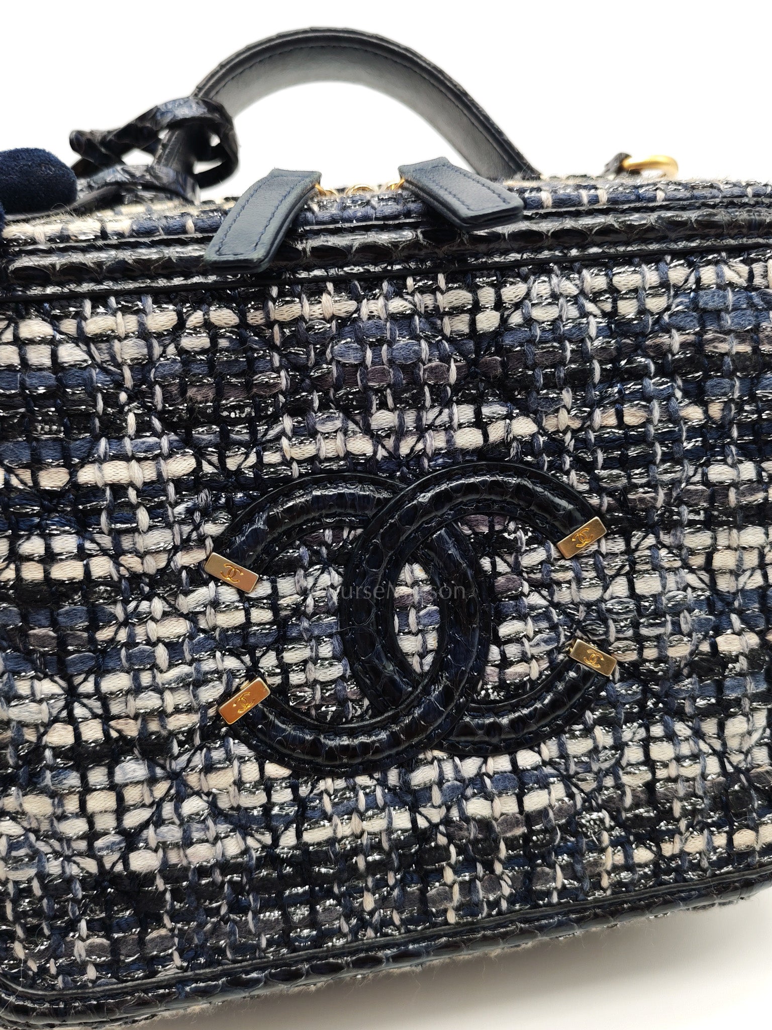 Vanity Case Filigree Medium in Navy Tweed Python Aged Gold Hardware (Series 25) | Purse Maison Luxury Bags Shop