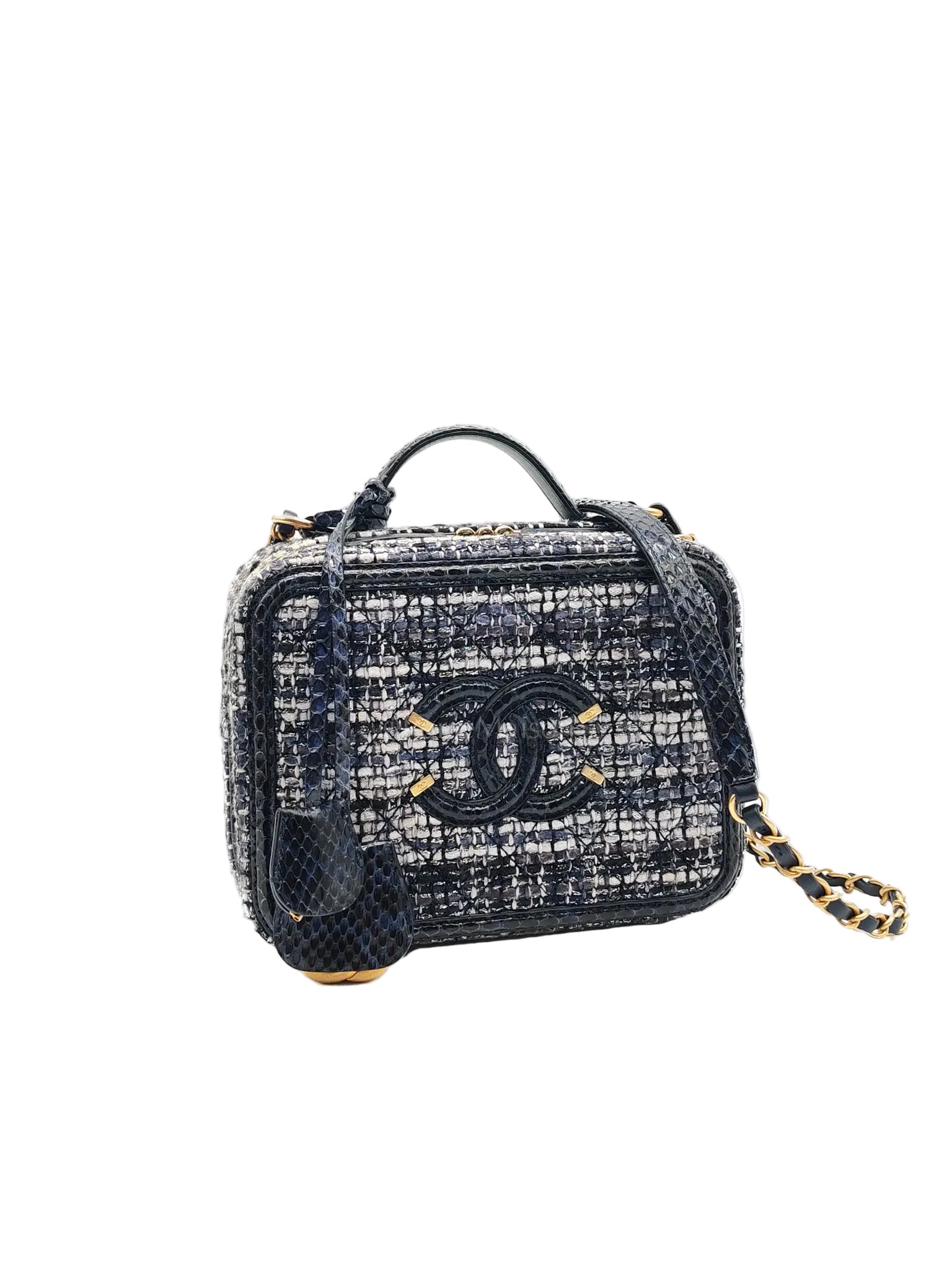 Vanity Case Filigree Medium in Navy Tweed Python Aged Gold Hardware (Series 25) | Purse Maison Luxury Bags Shop