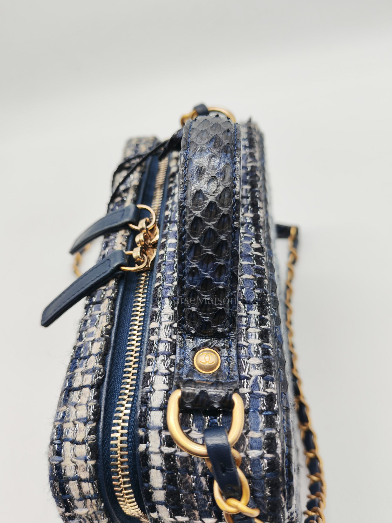 Vanity Case Filigree Medium in Navy Tweed Python Aged Gold Hardware (Series 25) | Purse Maison Luxury Bags Shop