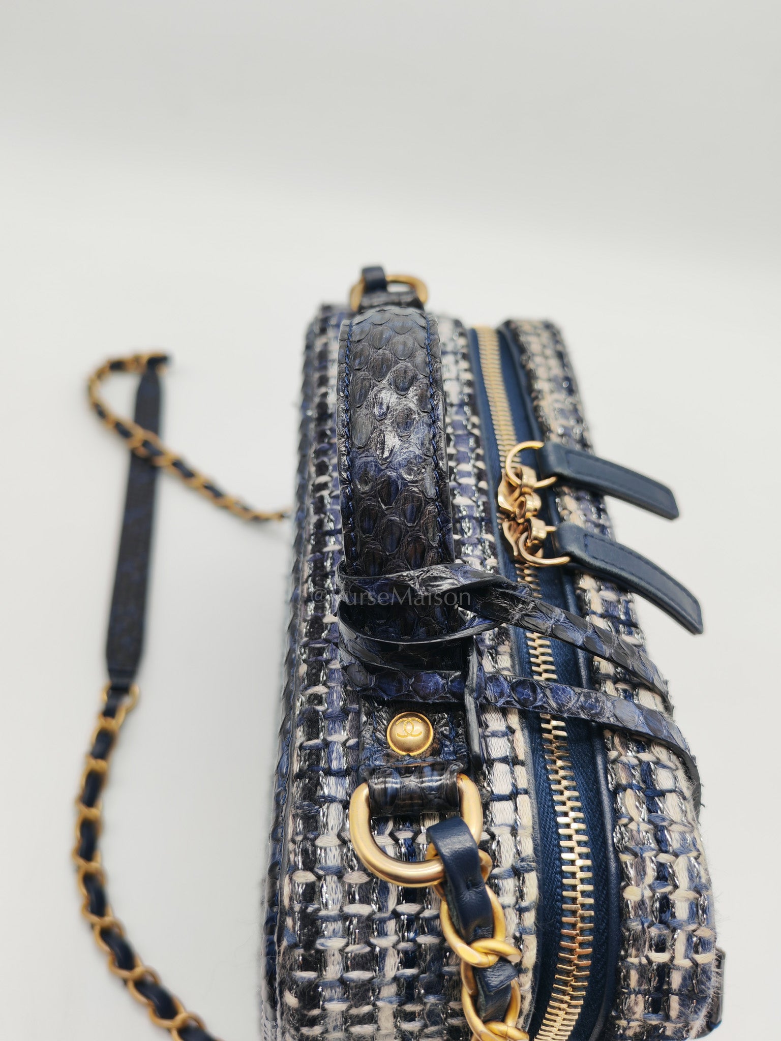 Vanity Case Filigree Medium in Navy Tweed Python Aged Gold Hardware (Series 25) | Purse Maison Luxury Bags Shop