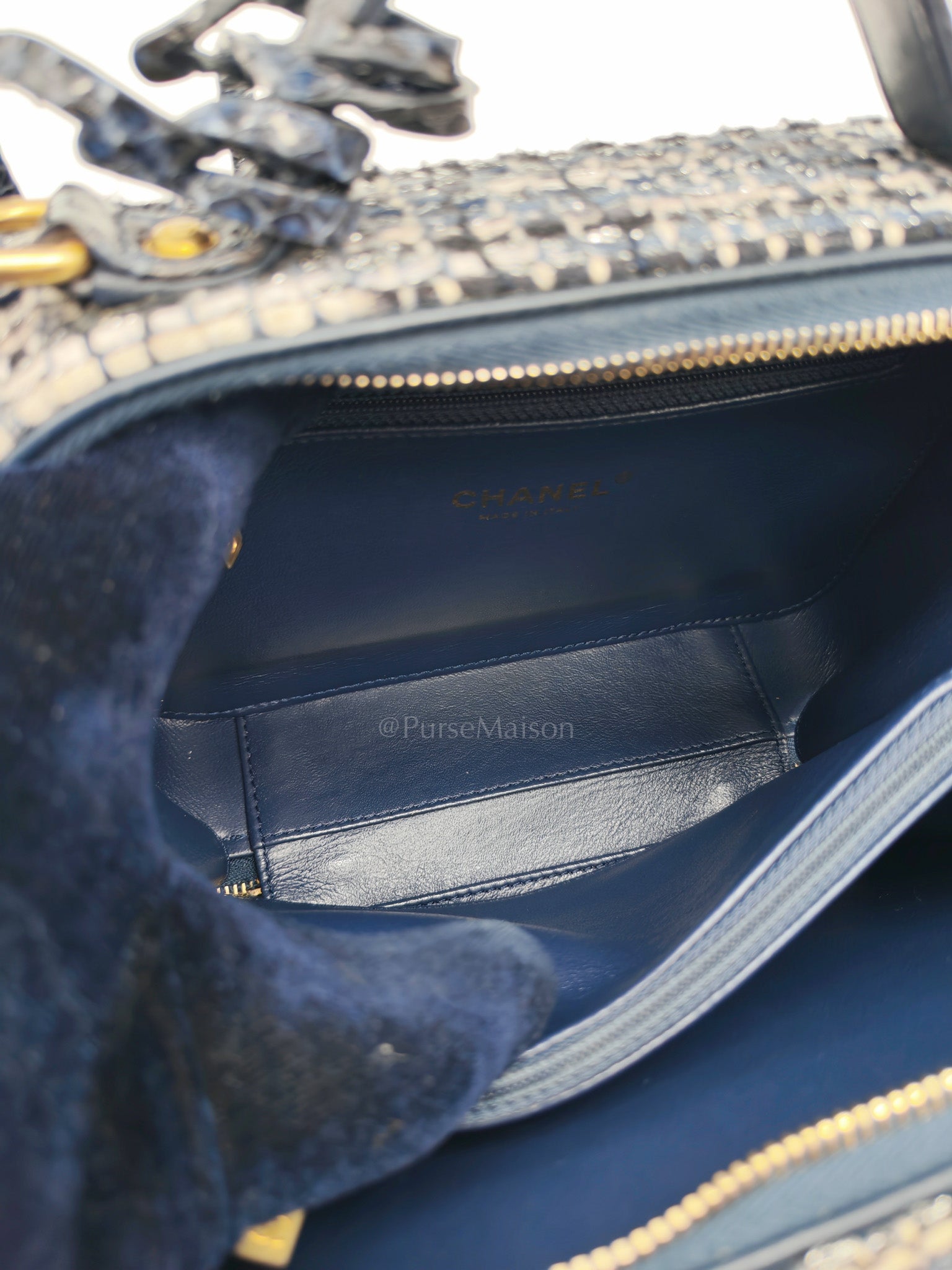 Vanity Case Filigree Medium in Navy Tweed Python Aged Gold Hardware (Series 25) | Purse Maison Luxury Bags Shop