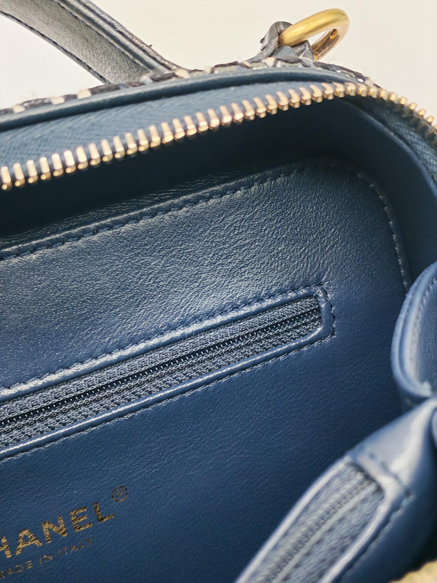 Vanity Case Filigree Medium in Navy Tweed Python Aged Gold Hardware (Series 25) | Purse Maison Luxury Bags Shop
