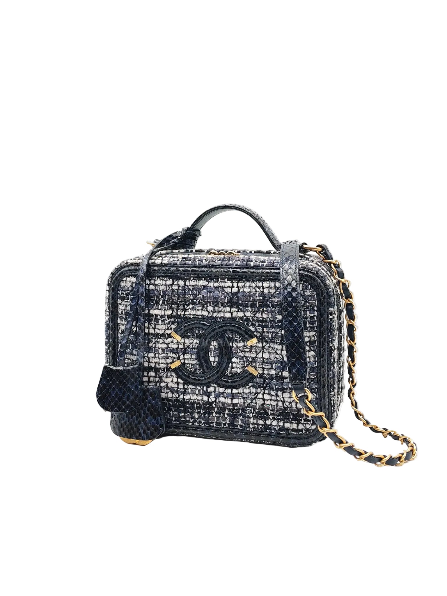 Vanity Case Filigree Medium in Navy Tweed Python Aged Gold Hardware (Series 25) | Purse Maison Luxury Bags Shop