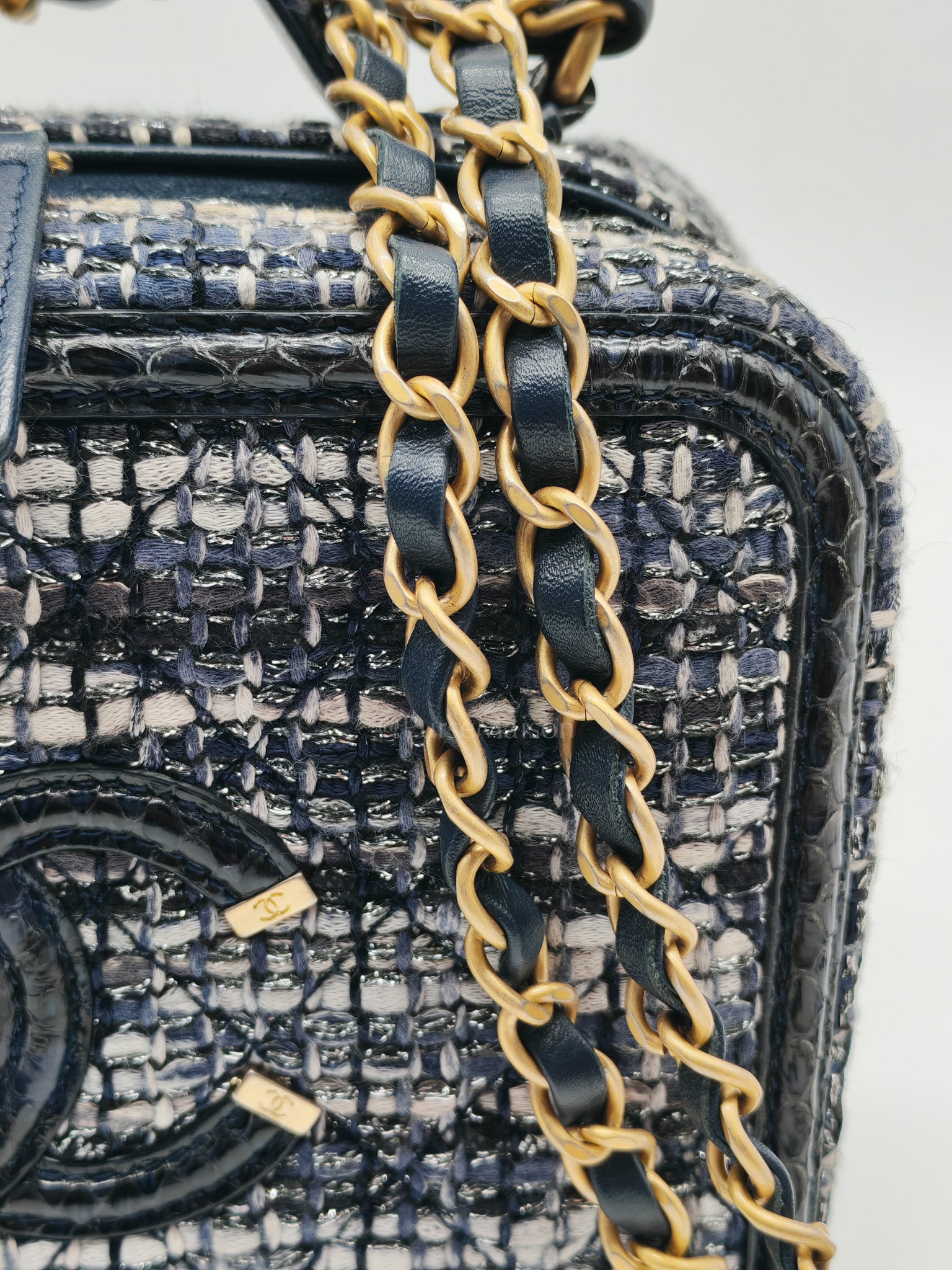 Vanity Case Filigree Medium in Navy Tweed Python Aged Gold Hardware (Series 25) | Purse Maison Luxury Bags Shop