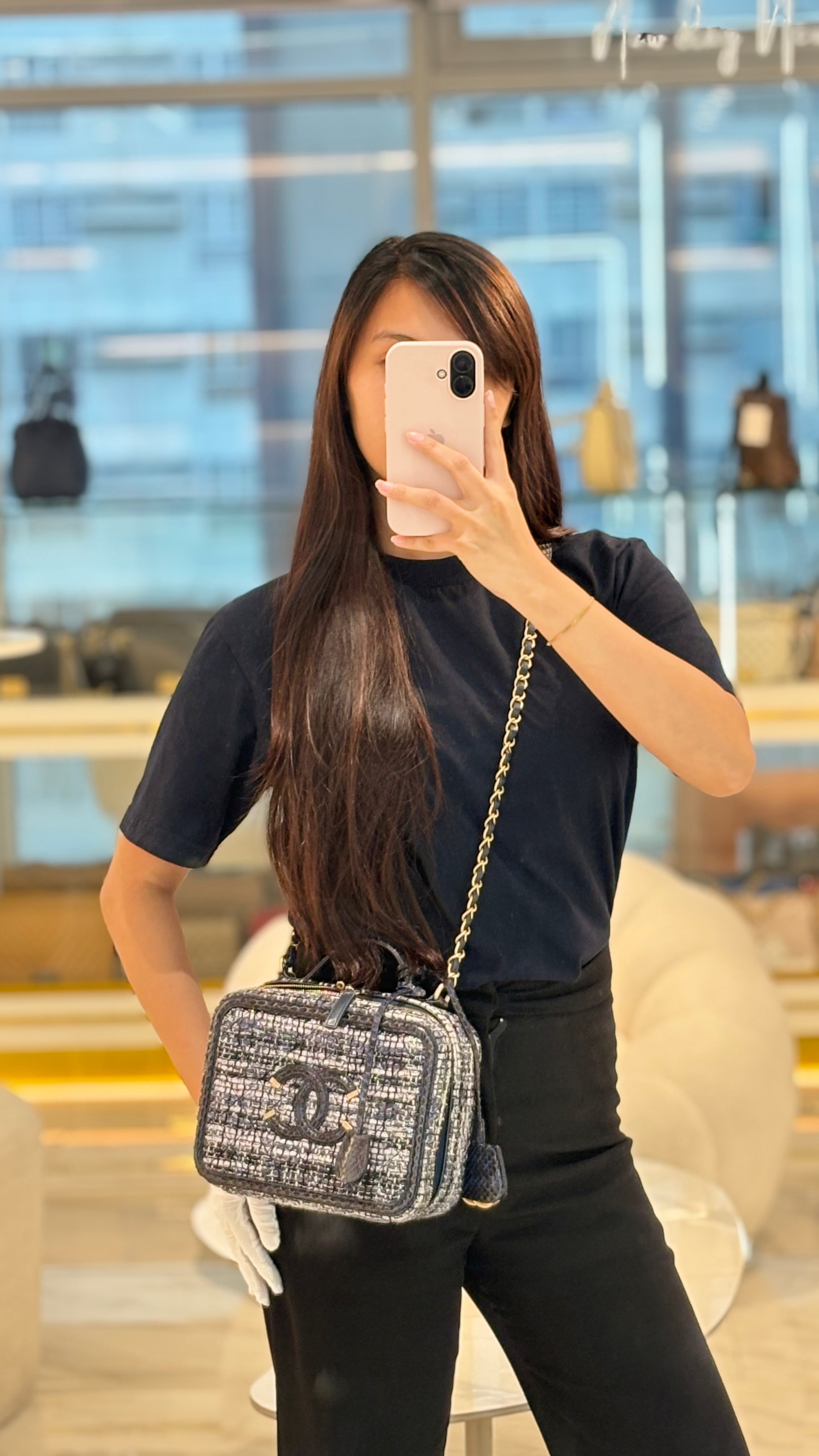 Vanity Case Filigree Medium in Navy Tweed Python Aged Gold Hardware (Series 25) | Purse Maison Luxury Bags Shop
