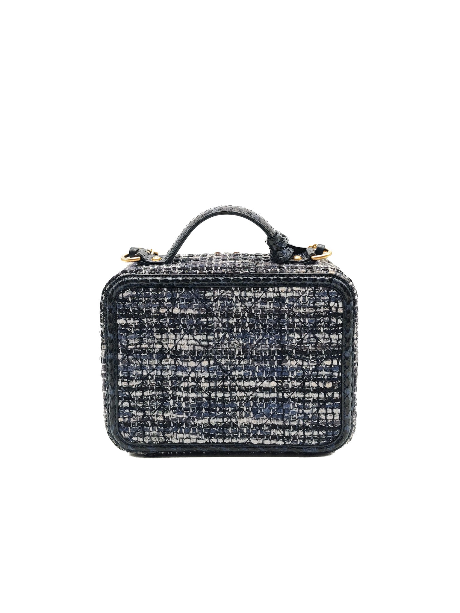 Vanity Case Filigree Medium in Navy Tweed Python Aged Gold Hardware (Series 25) | Purse Maison Luxury Bags Shop